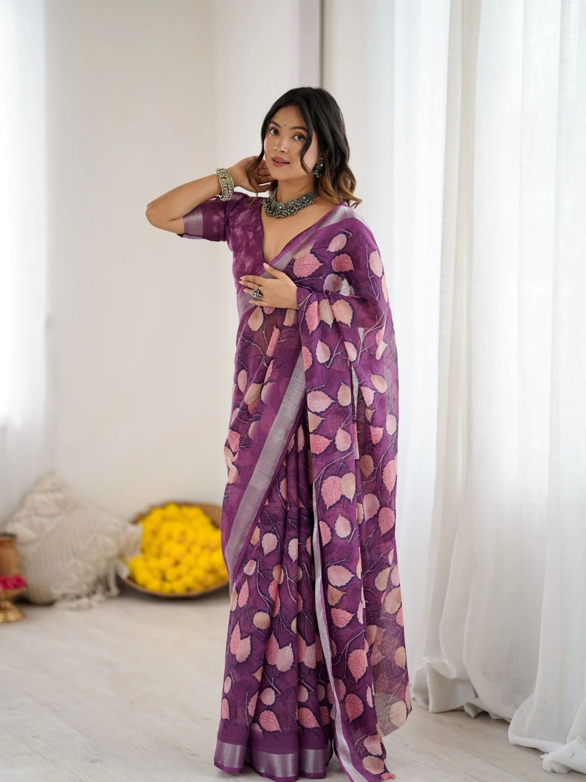 Odette Purple Linen Cotton Printed Saree For Women - Image 2