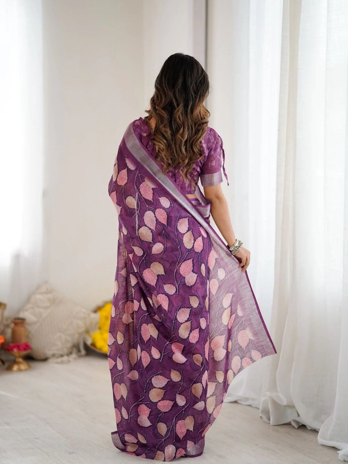 Odette Purple Linen Cotton Printed Saree For Women - Image 3
