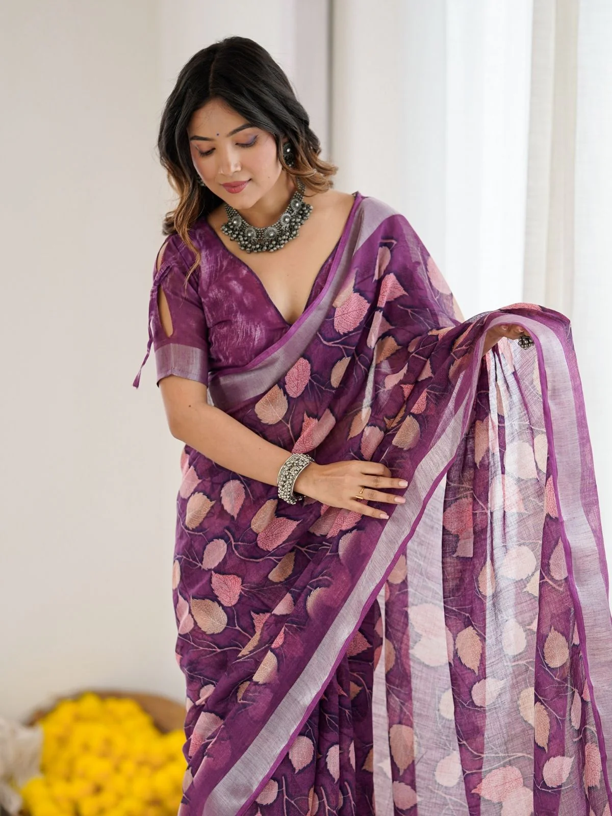 Odette Purple Linen Cotton Printed Saree For Women - Image 4