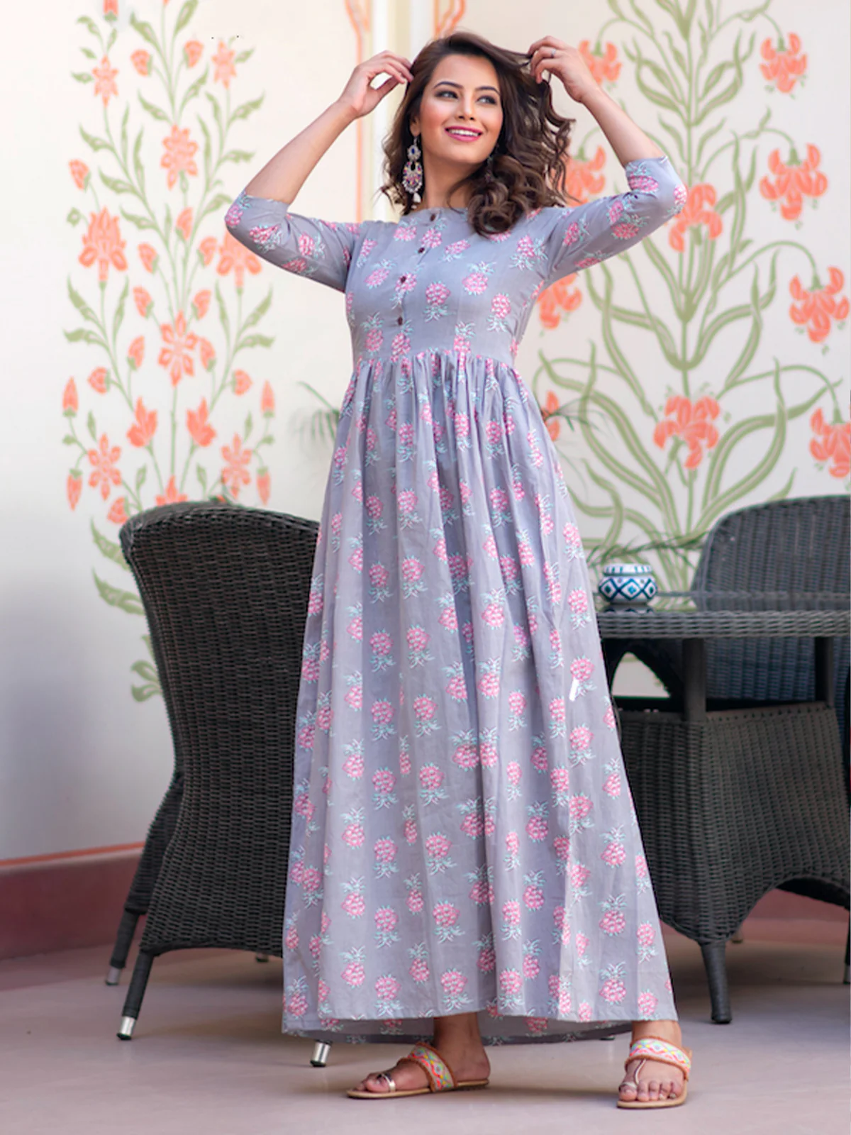 Odette Purple Muslin Printed Stitched Gown for Women - Image 2