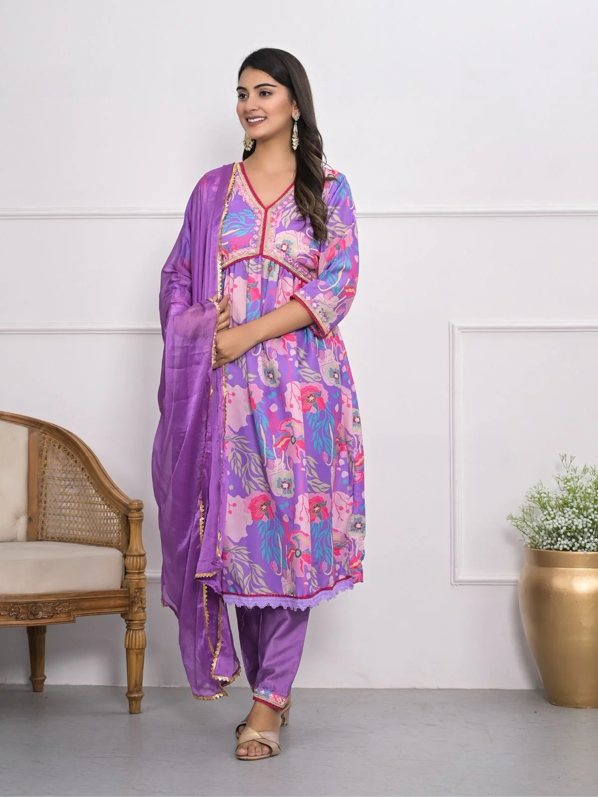 Odette Purple Muslin Silk Printed Stitched Kurta Set For Women - Image 2