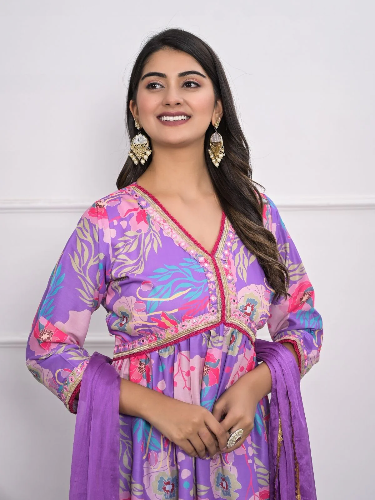 Odette Purple Muslin Silk Printed Stitched Kurta Set For Women - Image 4