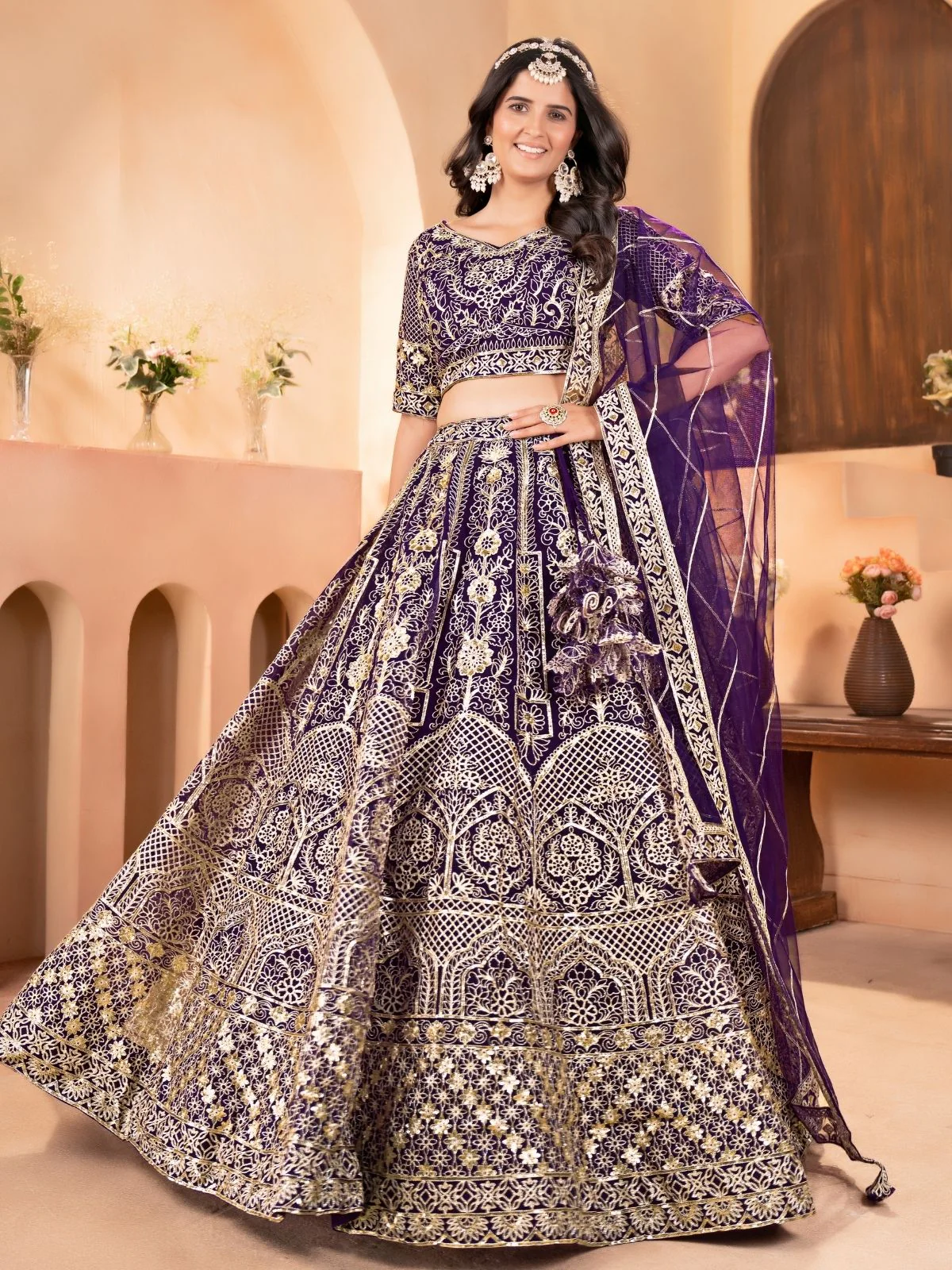 Odette Purple Net Embellished Semi Stitched Lehenga For Women - Image 2