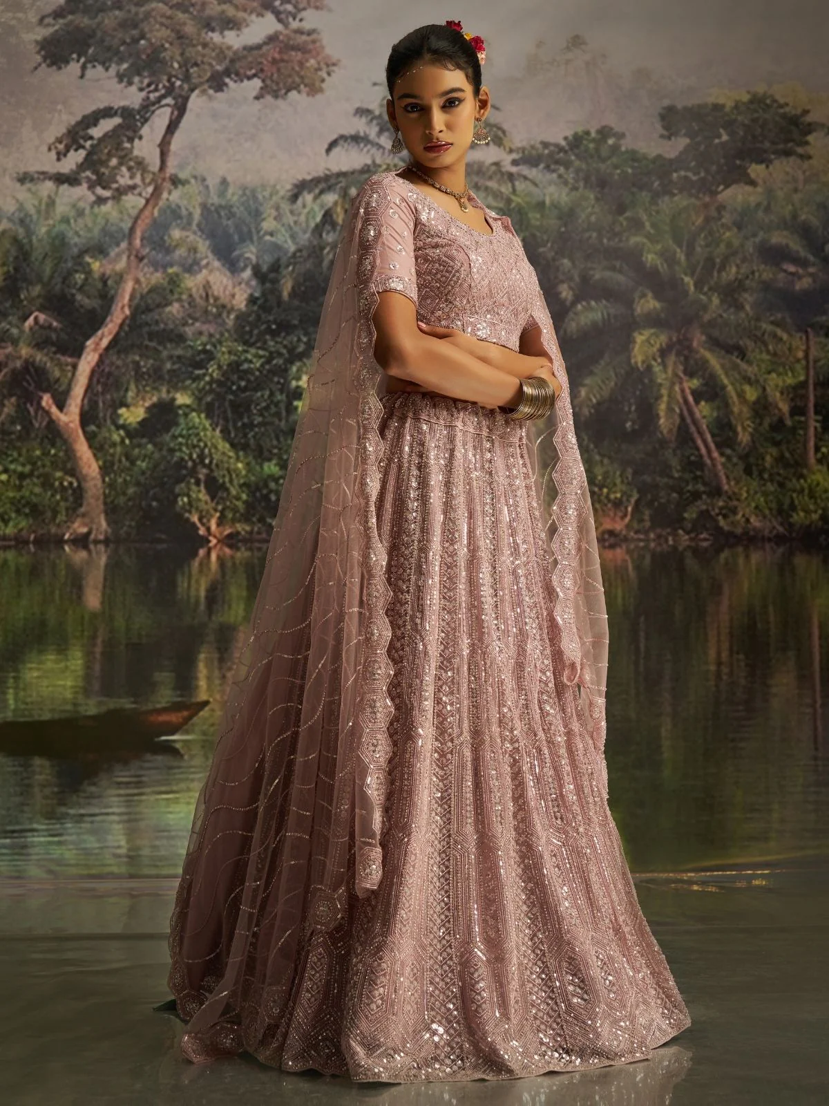 Odette Light Pink Net Embellished Semi-Stitched Lehenga For Women - Image 4