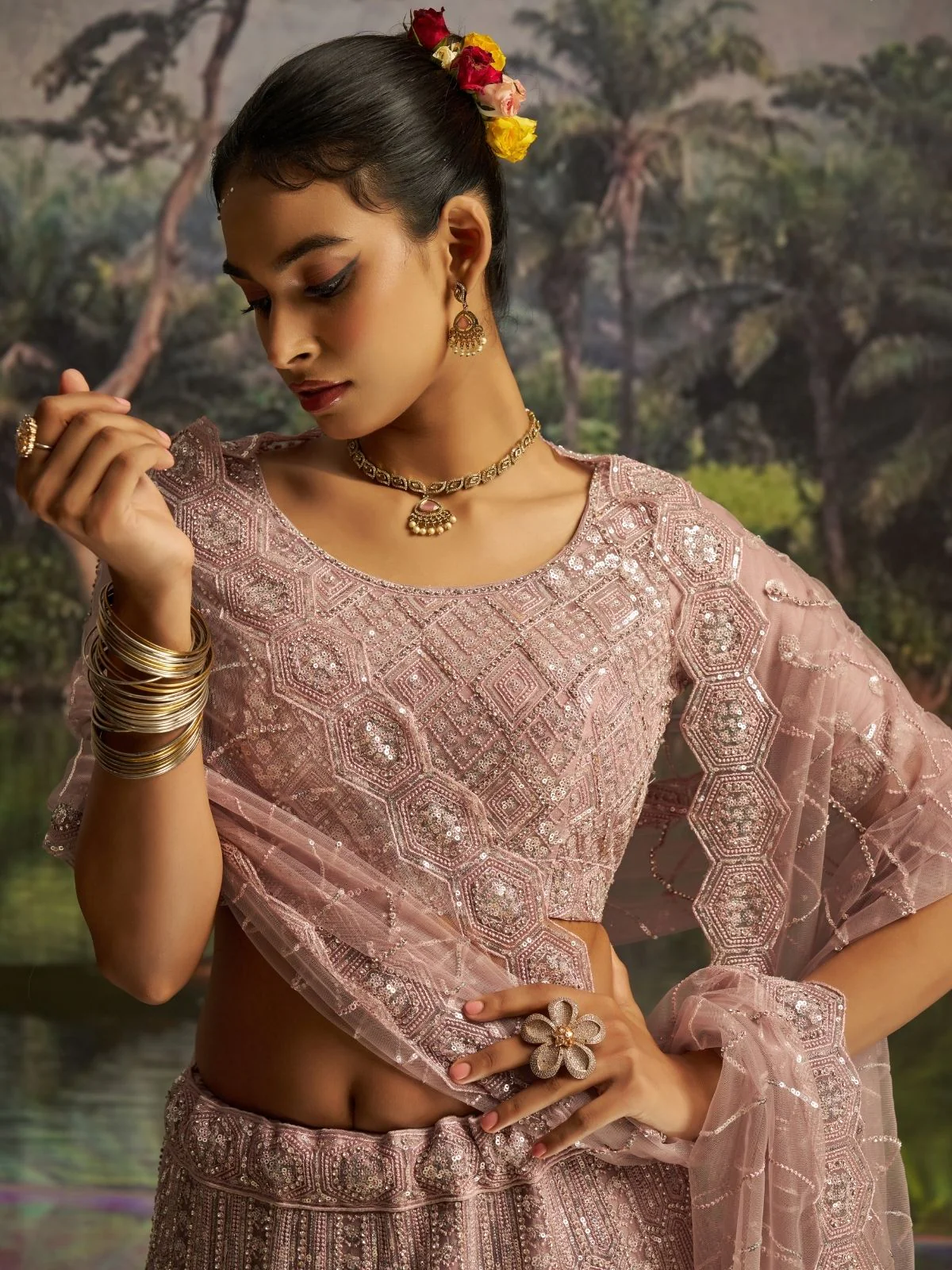 Odette Light Pink Net Embellished Semi-Stitched Lehenga For Women - Image 5
