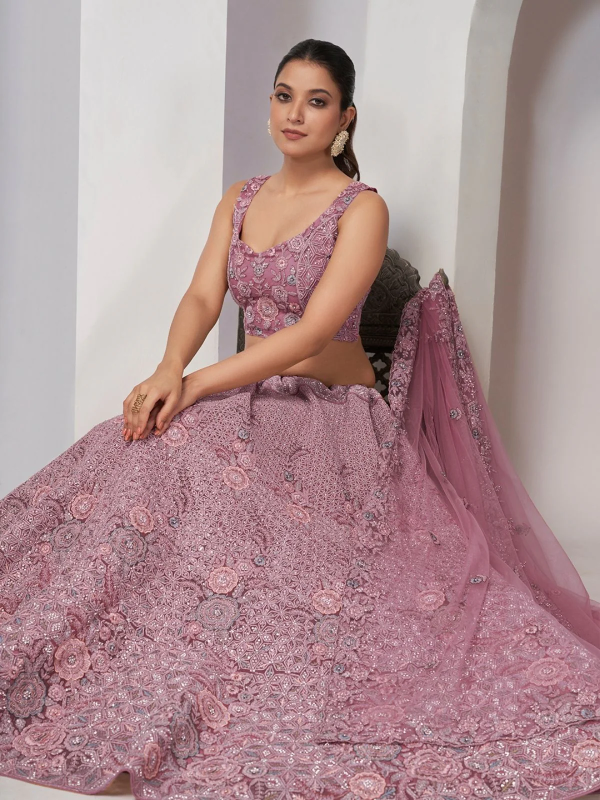 Odette Purple Net Embellished Semi Stitched Lehenga With Unstitched Blouse For Women - Image 2
