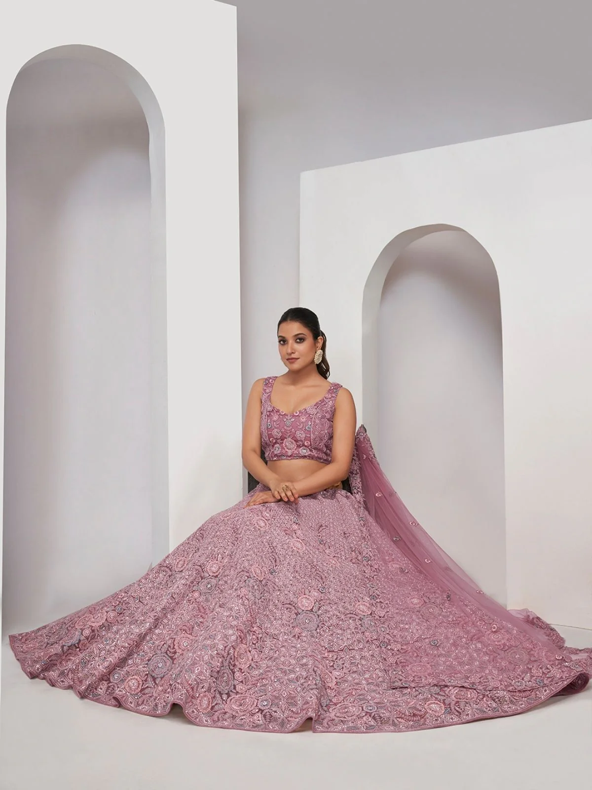 Odette Purple Net Embellished Semi Stitched Lehenga With Unstitched Blouse For Women - Image 3