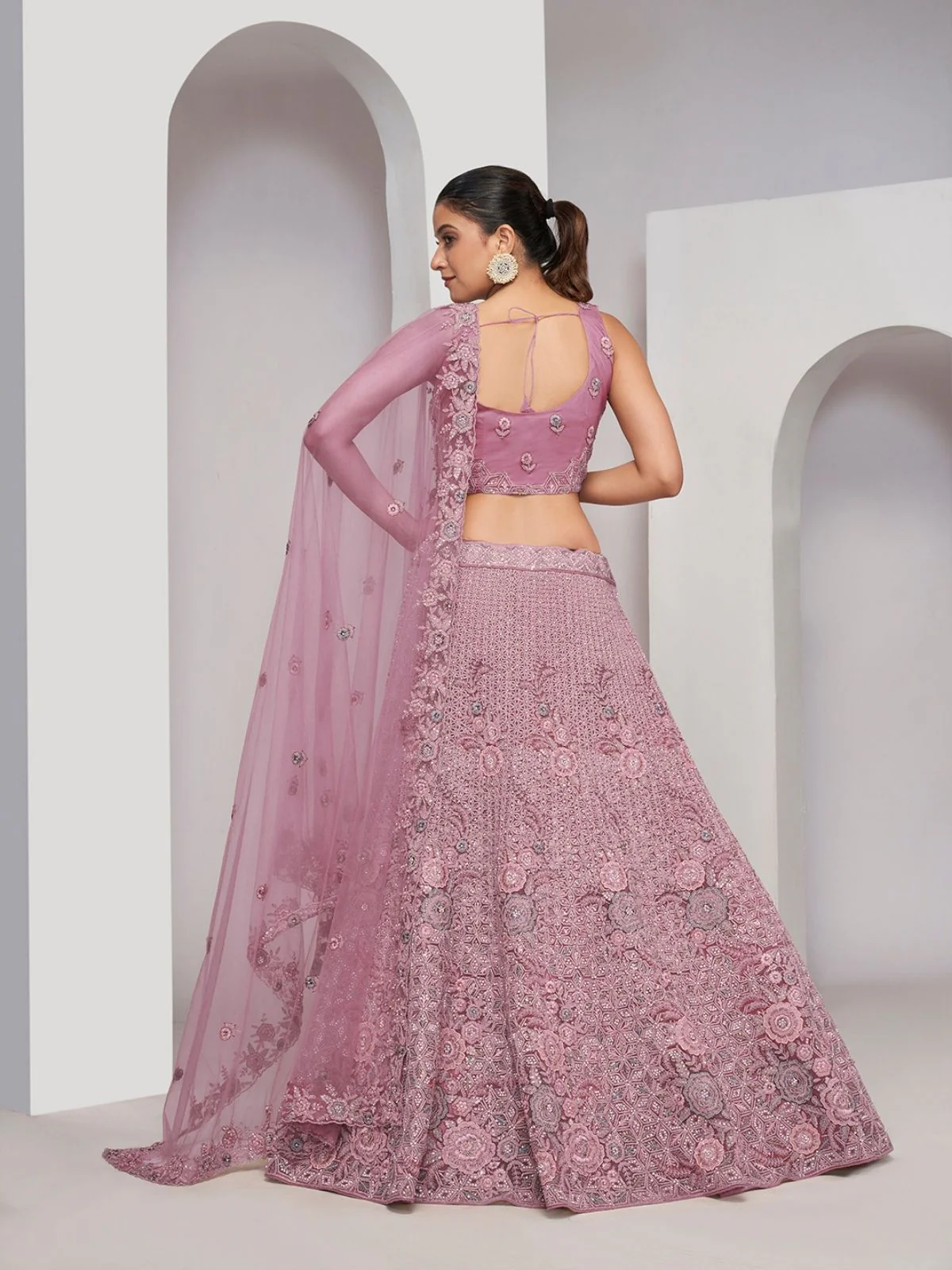Odette Purple Net Embellished Semi Stitched Lehenga With Unstitched Blouse For Women - Image 4