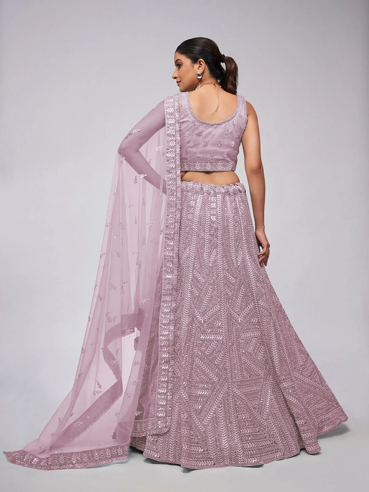 Odette Purple Net Embellished Semi Stitched Lehenga With Unstitched Blouse For Women - Image 4