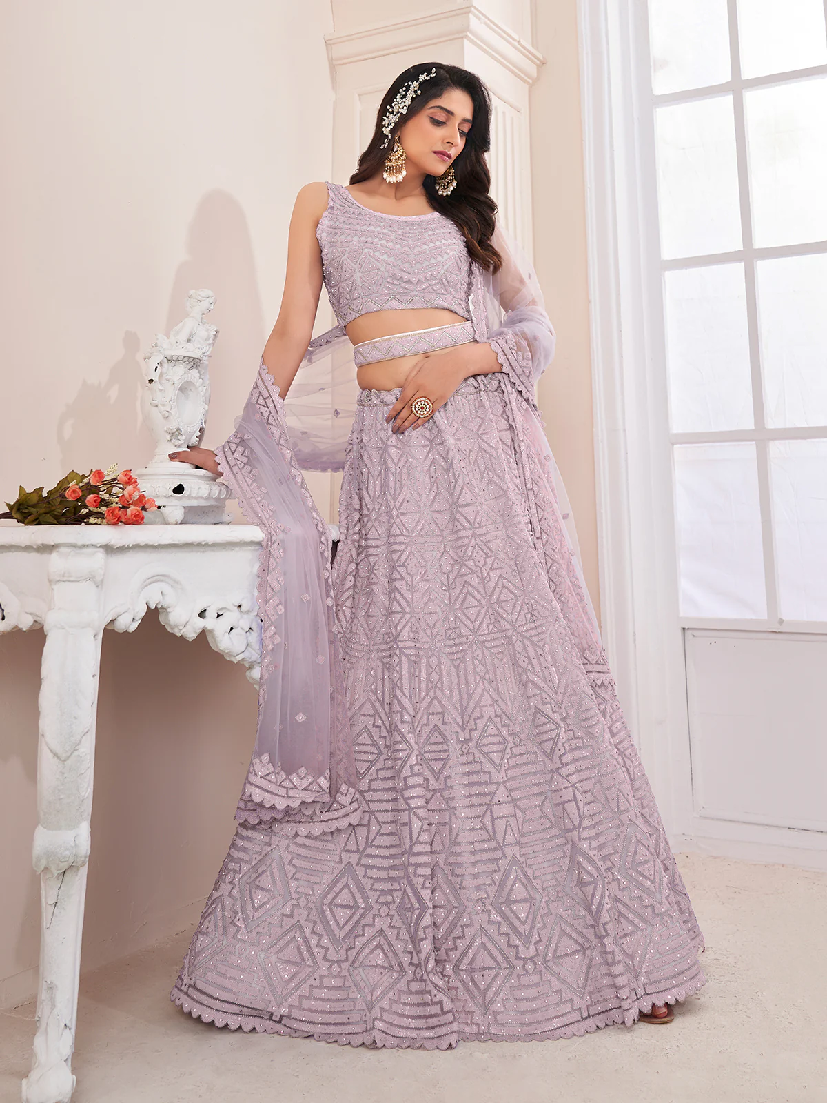 Odette Purple Net Embellished Semi Stitched Lehenga With Unstitched Blouse for Women - Image 2