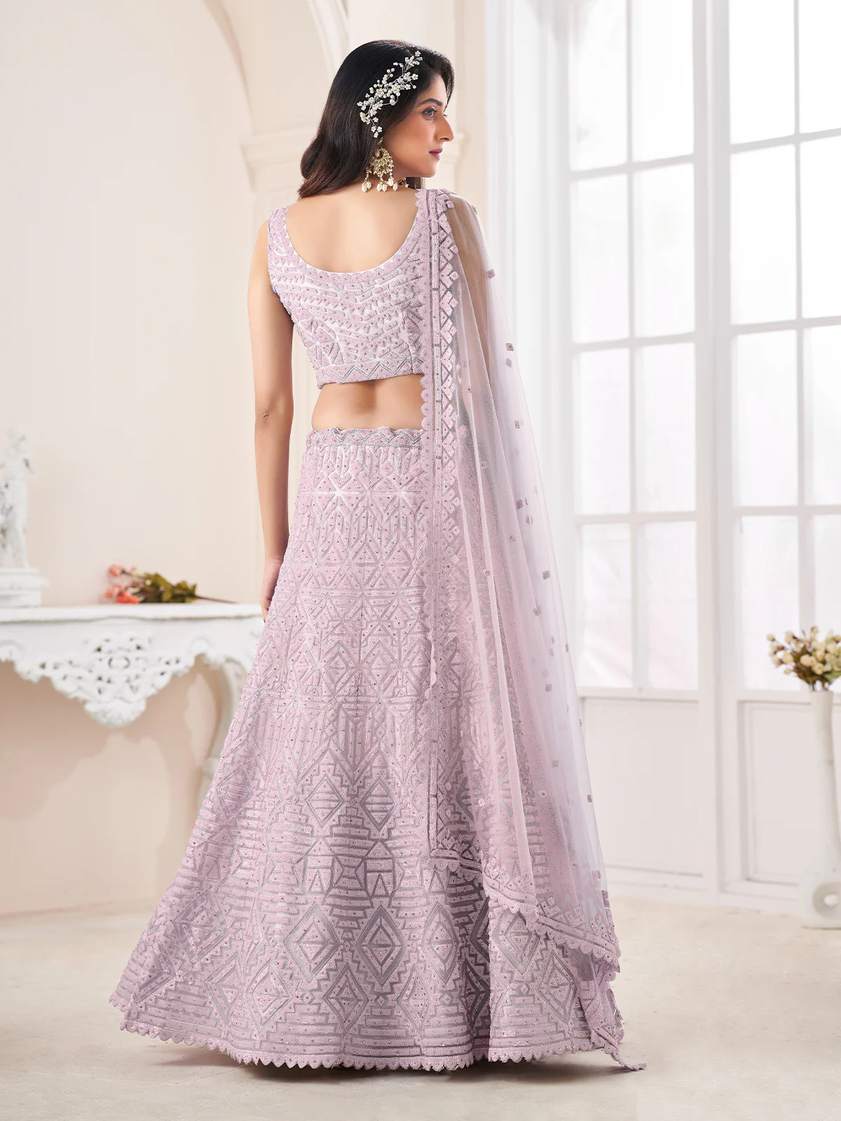 Odette Purple Net Embellished Semi Stitched Lehenga With Unstitched Blouse for Women - Image 3