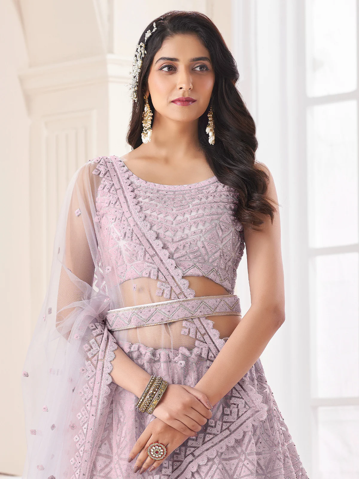 Odette Purple Net Embellished Semi Stitched Lehenga With Unstitched Blouse for Women - Image 4