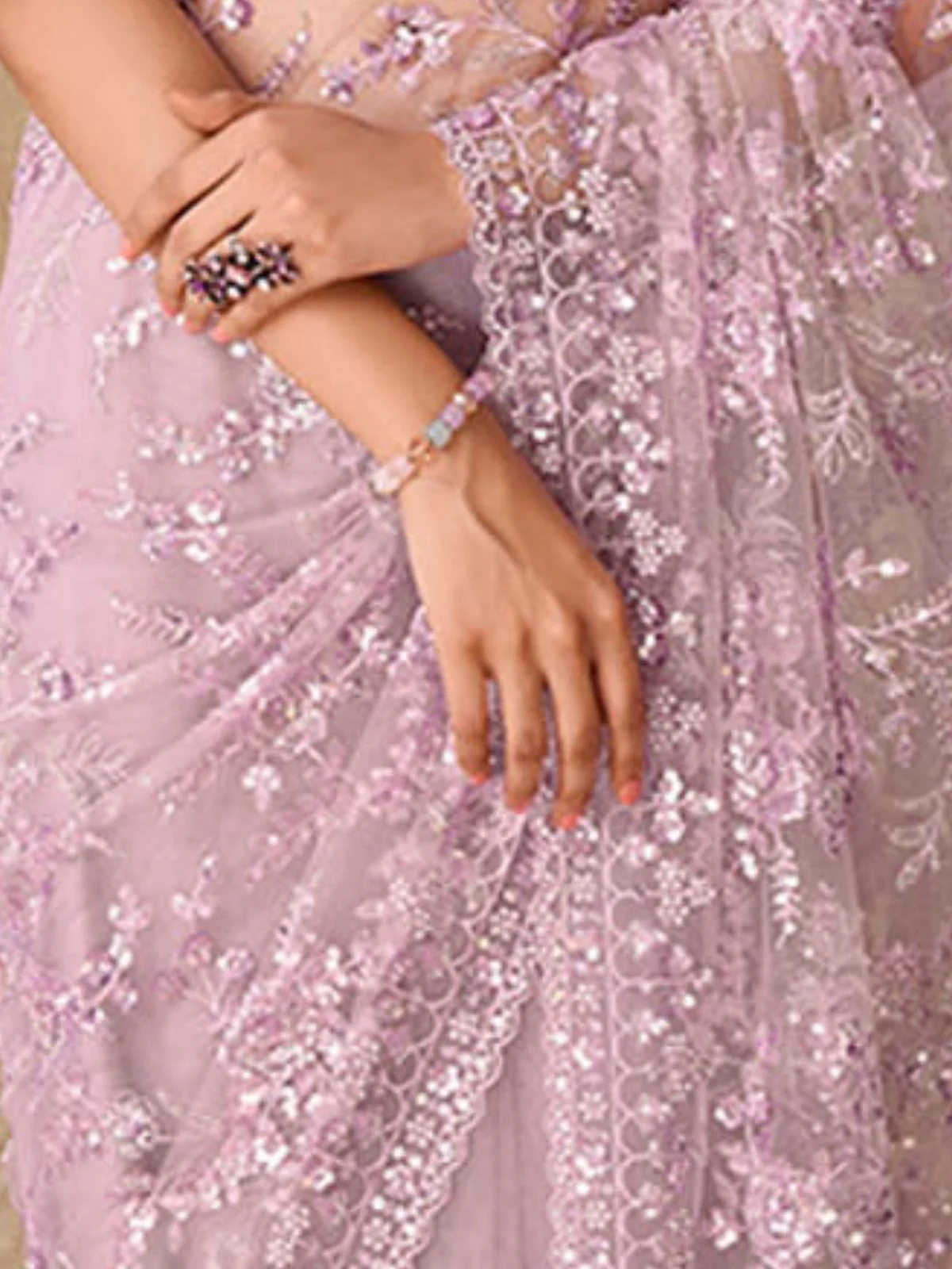 Odette Purple Net Embroidered Saree With Unstitched Blouse For Women - Image 5