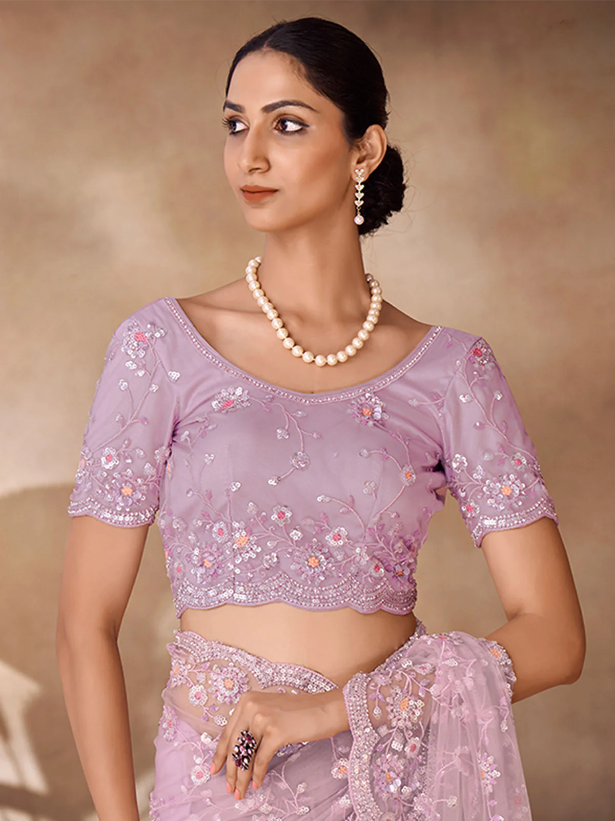 Odette Purple Net Embroidered Saree With Unstitched Blouse For Women - Image 4