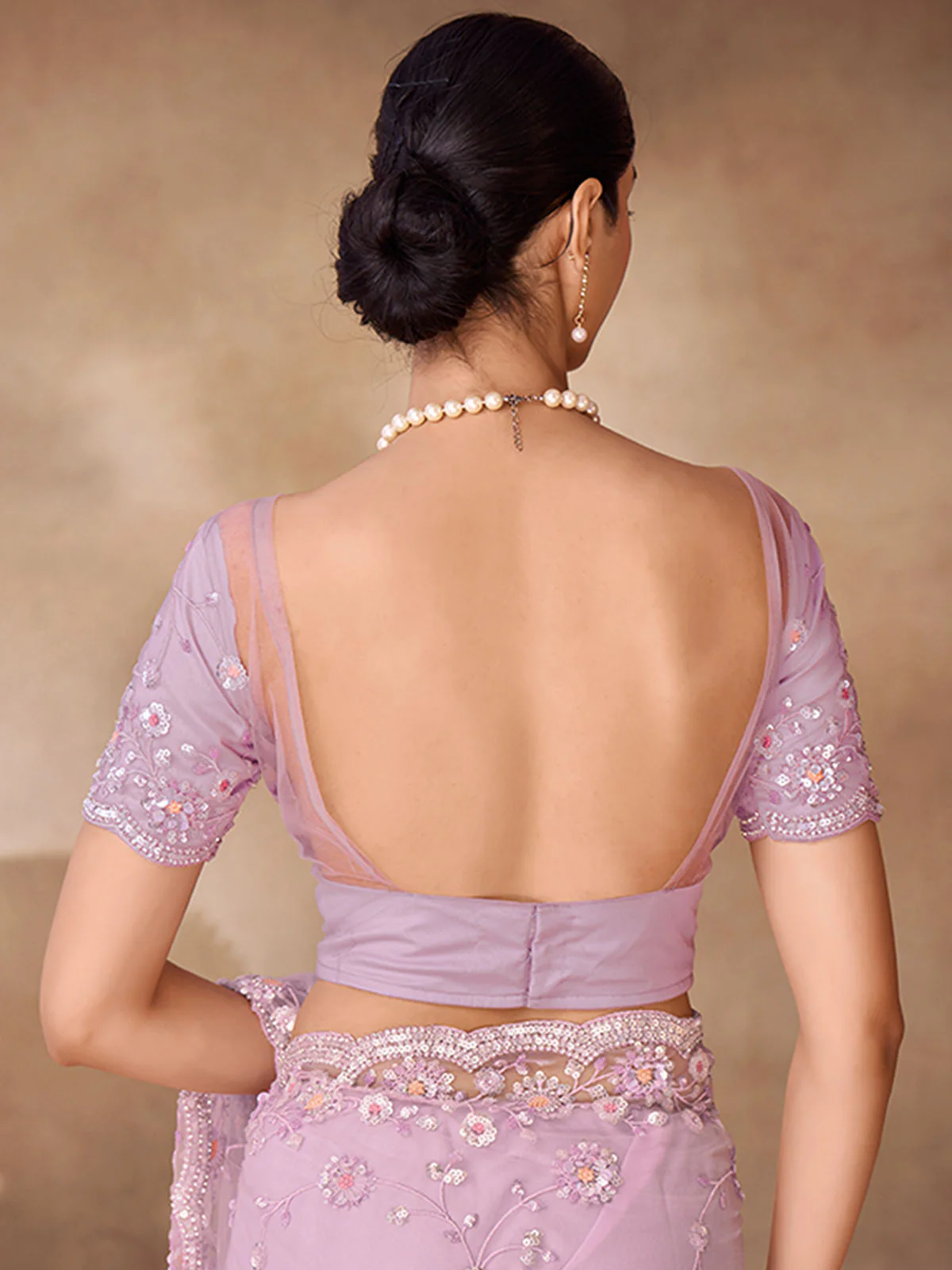 Odette Purple Net Embroidered Saree With Unstitched Blouse For Women - Image 5