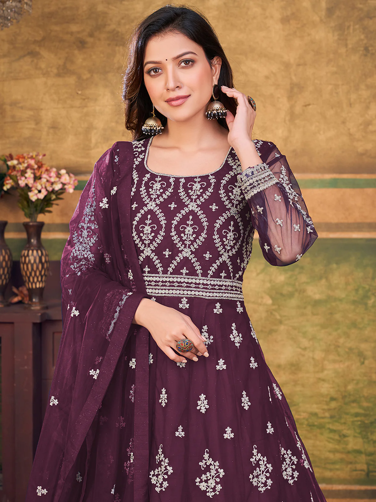 Odette Purple Net Embroidered Semi stitched Kurta Set with Inner For Women - Image 4