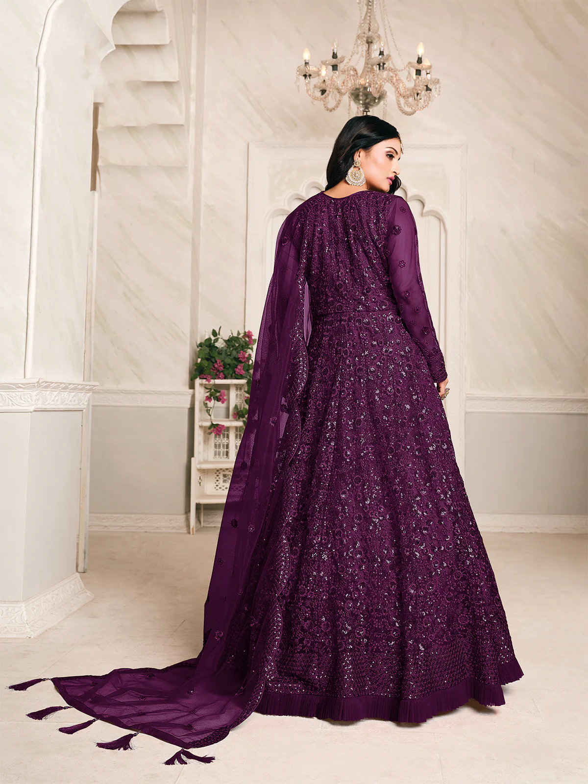 Odette Purple Net Embroidered Semi stitched Kurta Set with Inner For Women - Image 2