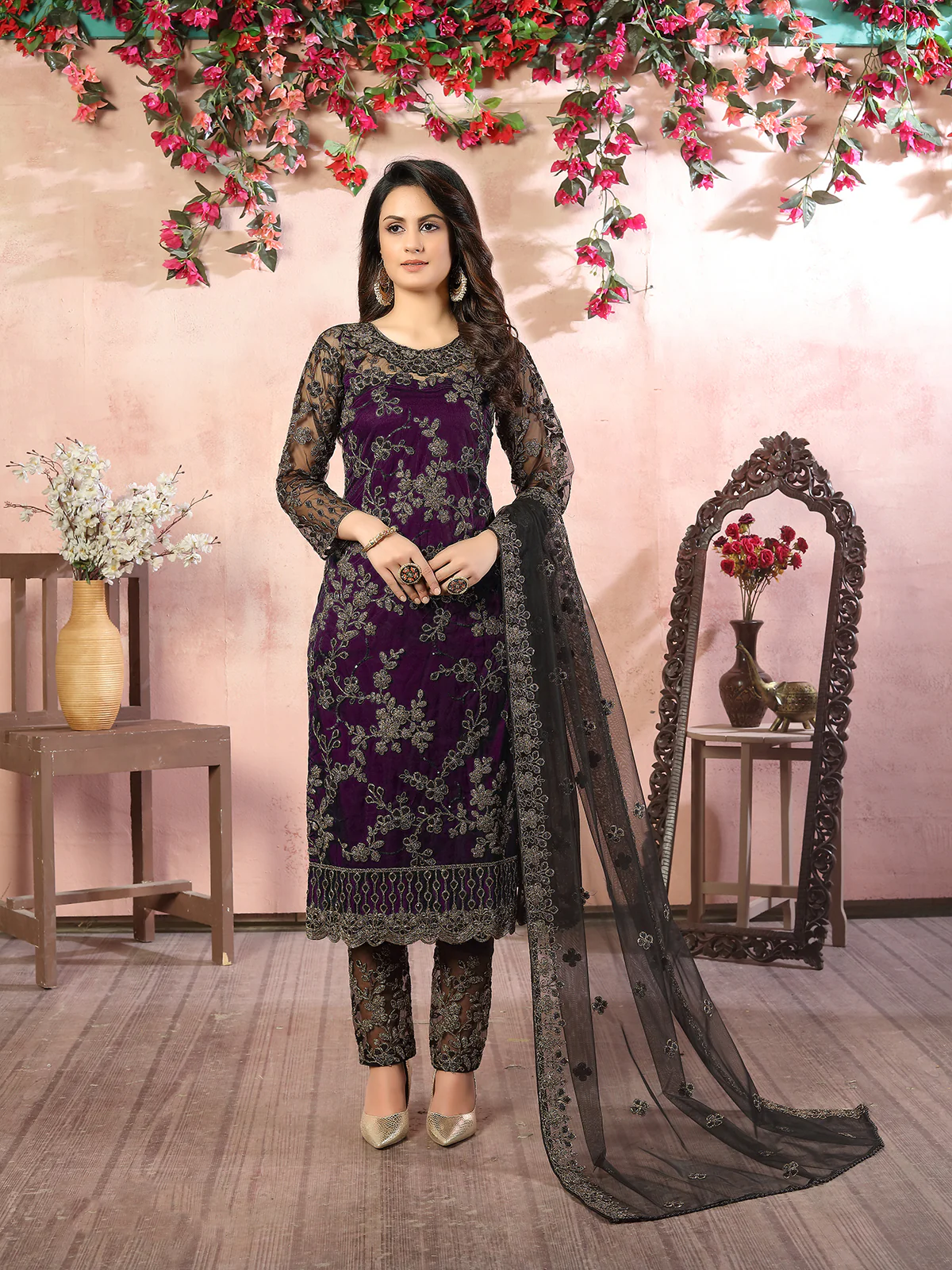Odette Purple Net Embroidered Semi stitched Kurta Set with Inner For Women - Image 2