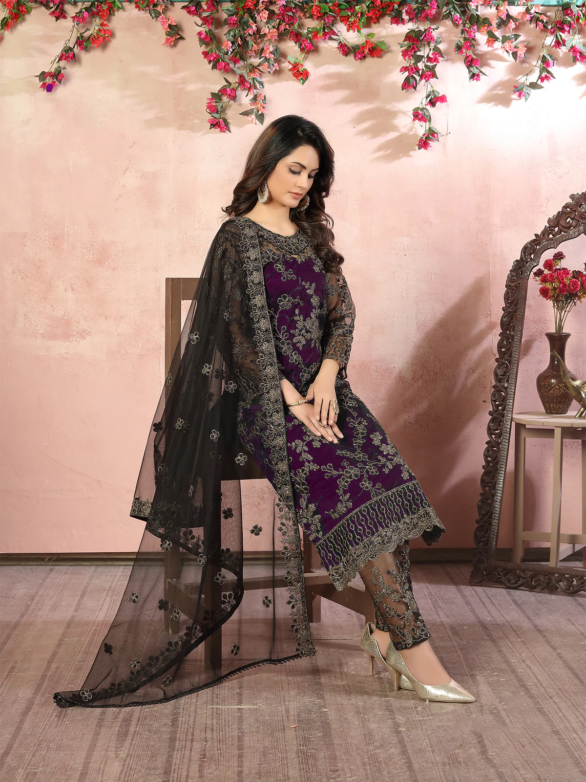 Odette Purple Net Embroidered Semi stitched Kurta Set with Inner For Women - Image 3