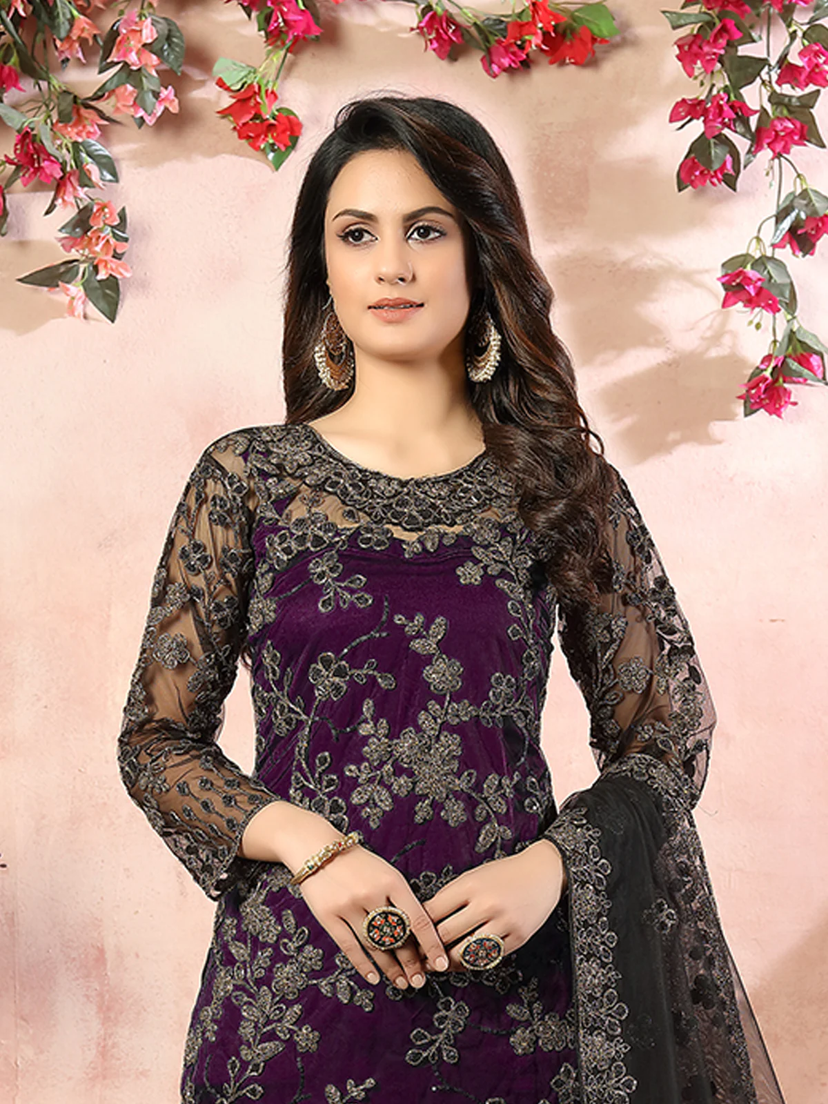 Odette Purple Net Embroidered Semi stitched Kurta Set with Inner For Women - Image 4
