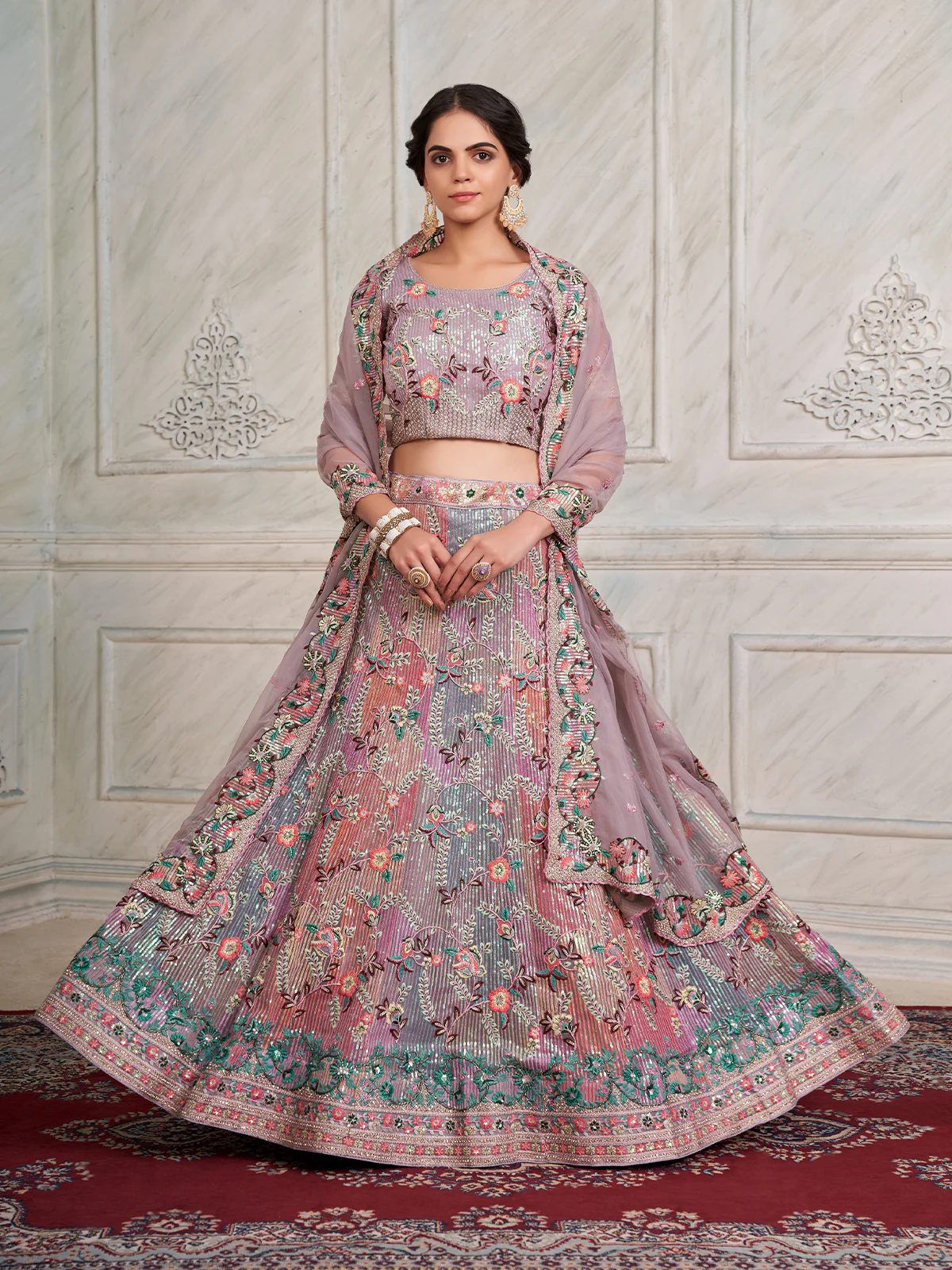Odette Purple Net Embroidered Semi Stitched Lehenga With Unstitched Blouse for Women - Image 2