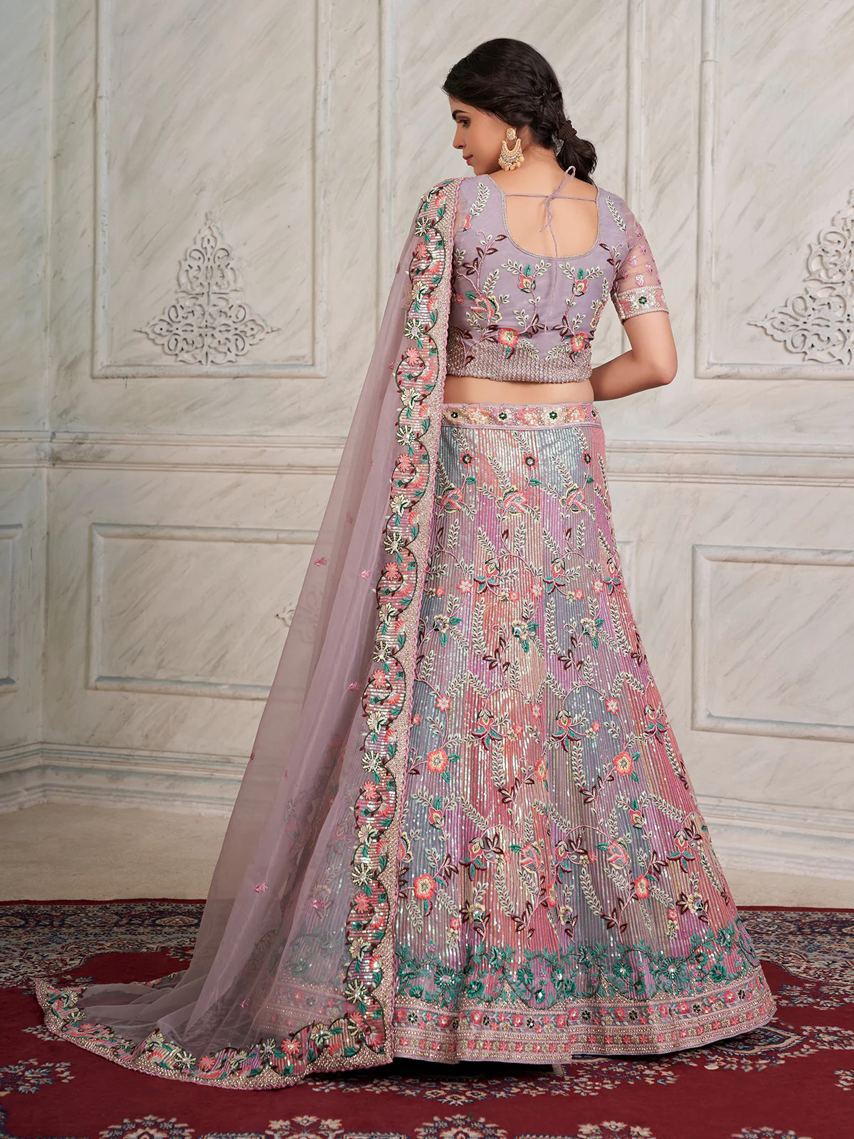 Odette Purple Net Embroidered Semi Stitched Lehenga With Unstitched Blouse for Women - Image 4