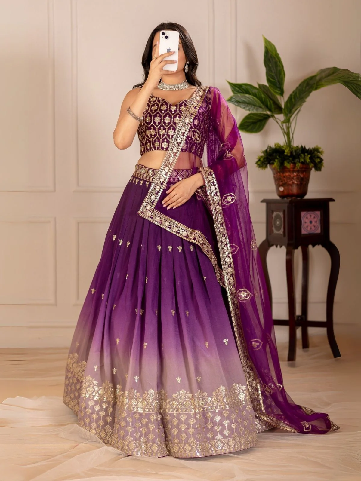 Odette Purple Ombre Silk Blend Embroidered Semi-Stitched lehenga For Women