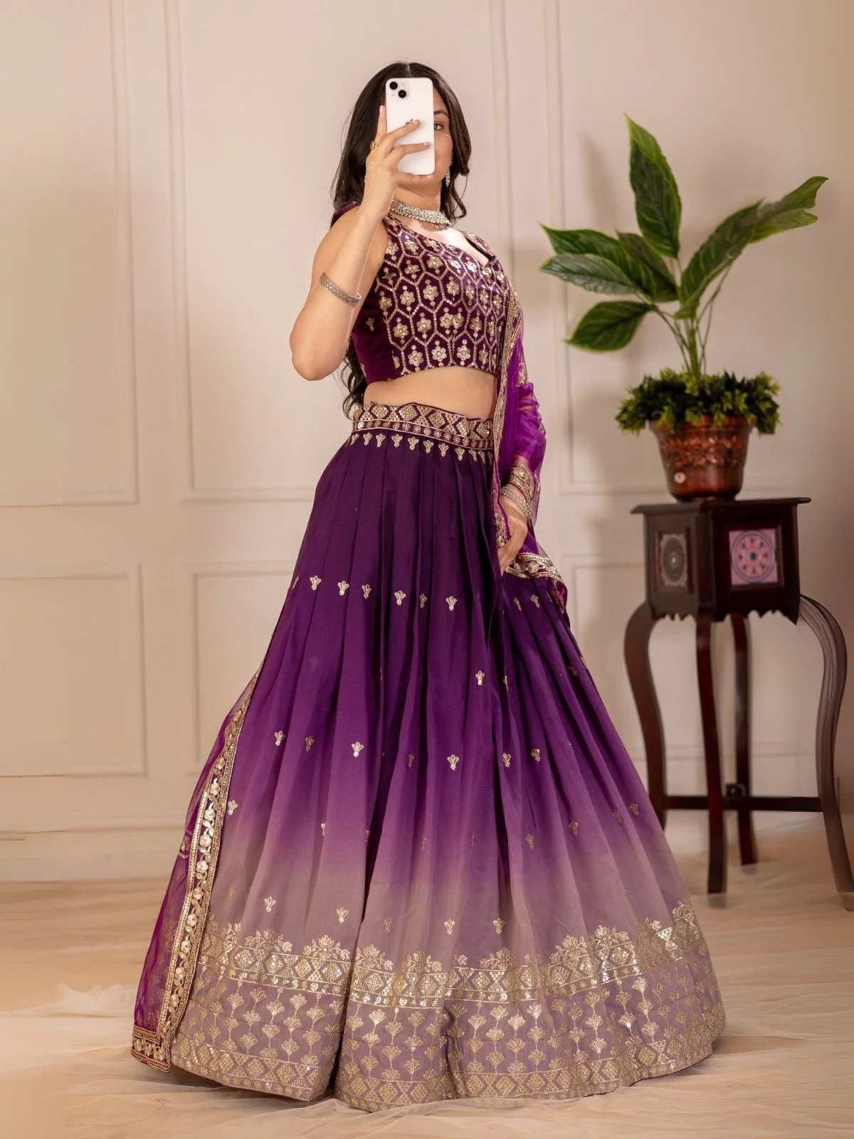 Odette Purple Ombre Silk Blend Embroidered Semi-Stitched lehenga For Women - Image 2