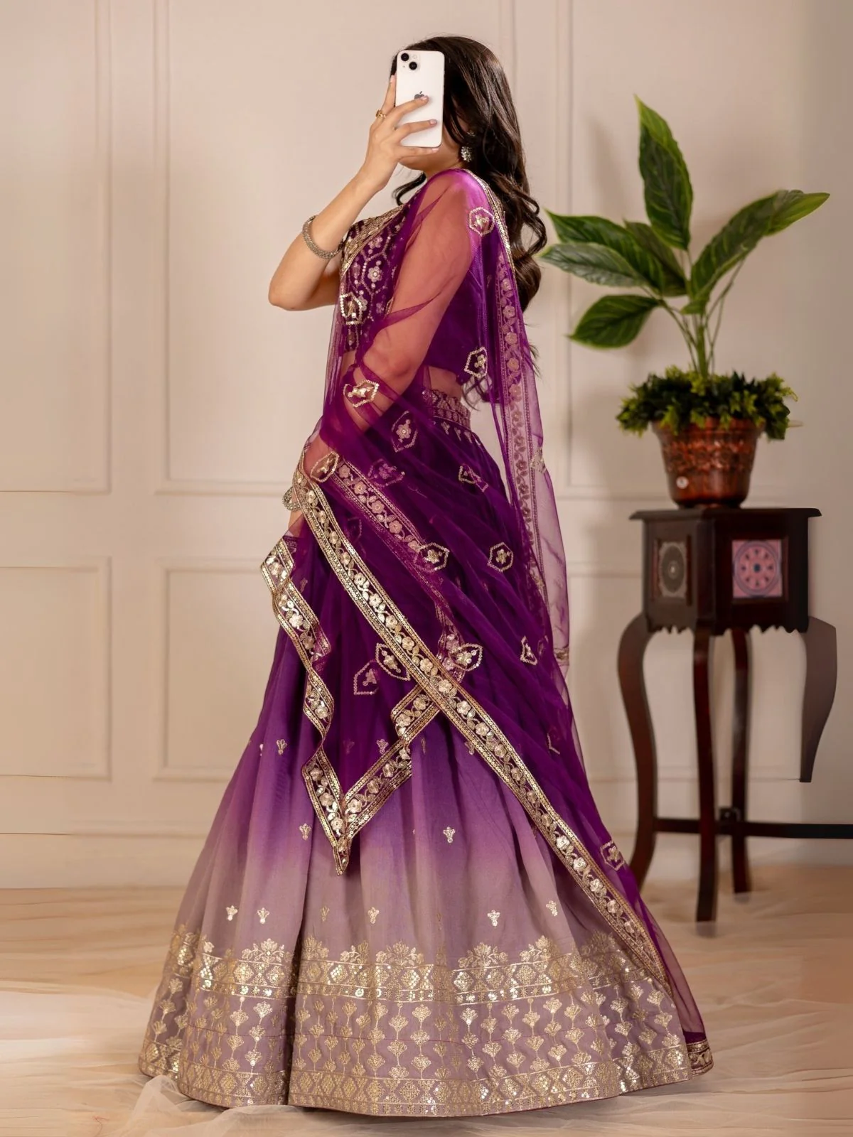 Odette Purple Ombre Silk Blend Embroidered Semi-Stitched lehenga For Women - Image 3