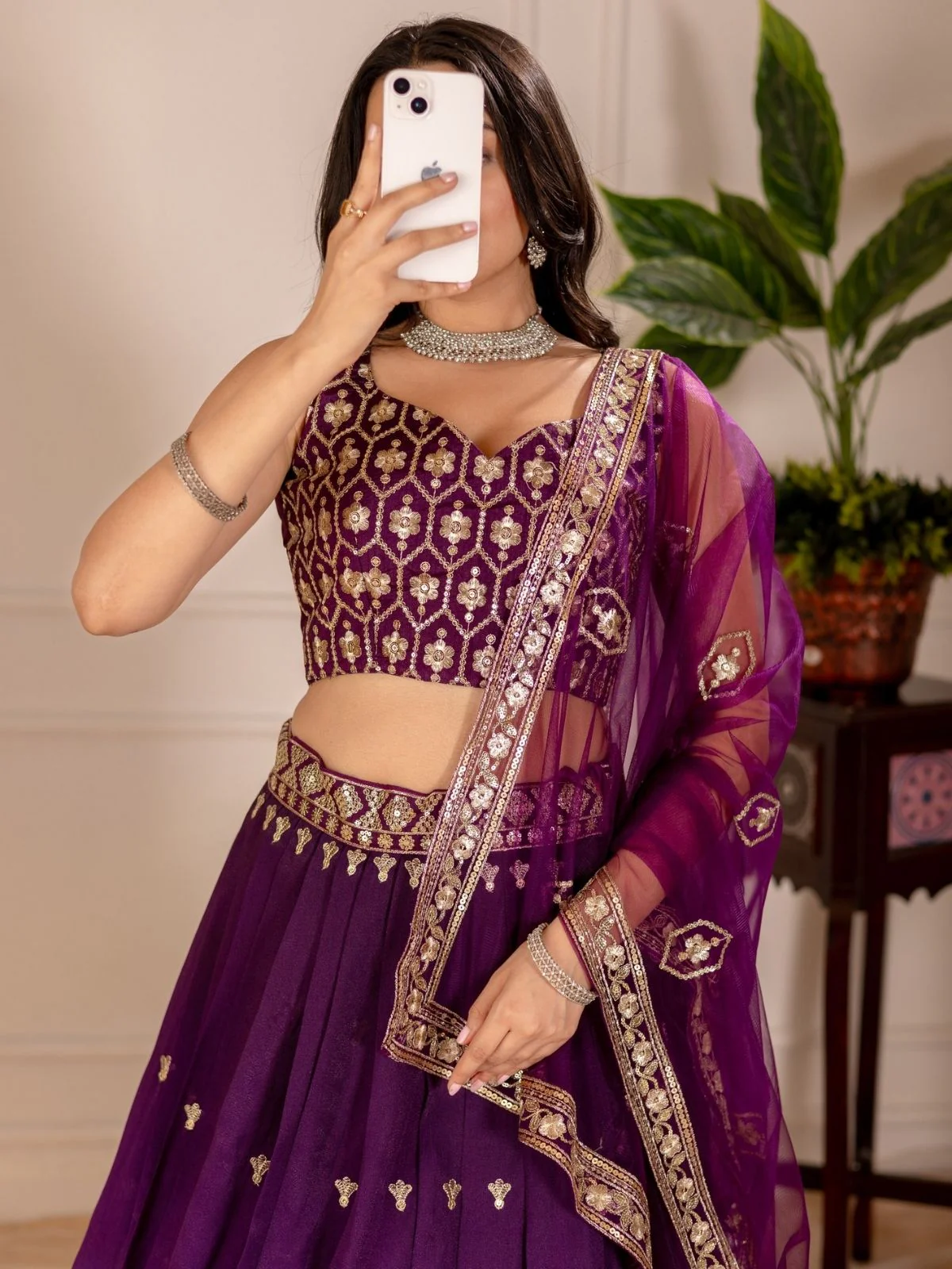 Odette Purple Ombre Silk Blend Embroidered Semi-Stitched lehenga For Women - Image 4