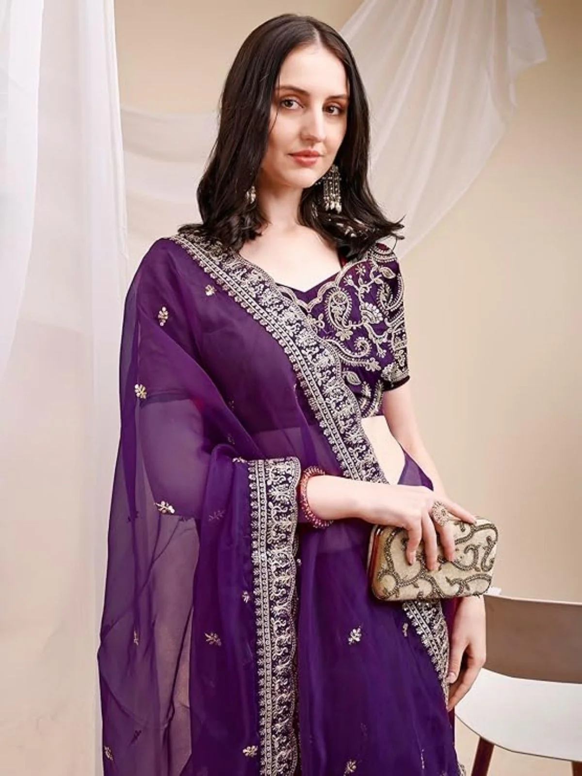 Odette Purple Organza Embellished Solid Saree For Women - Image 4
