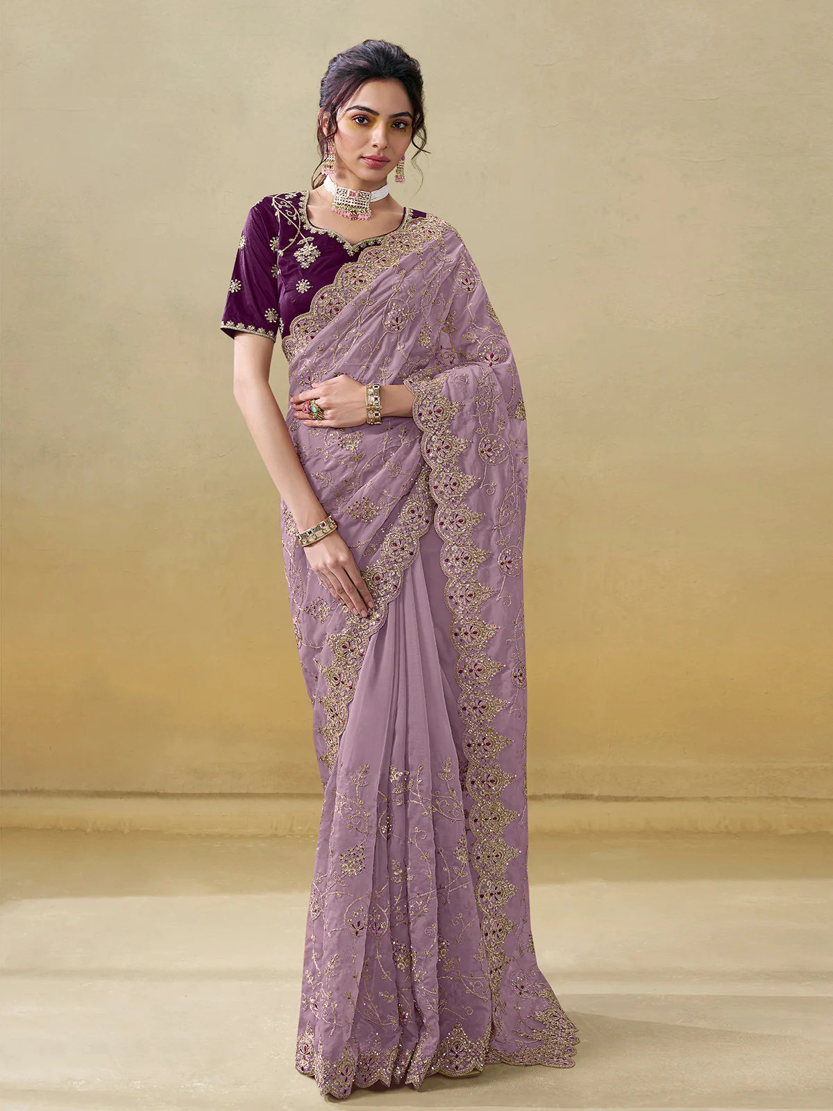 Odette Purple Organza Embroidered Saree With Unstitched Blouse For Women