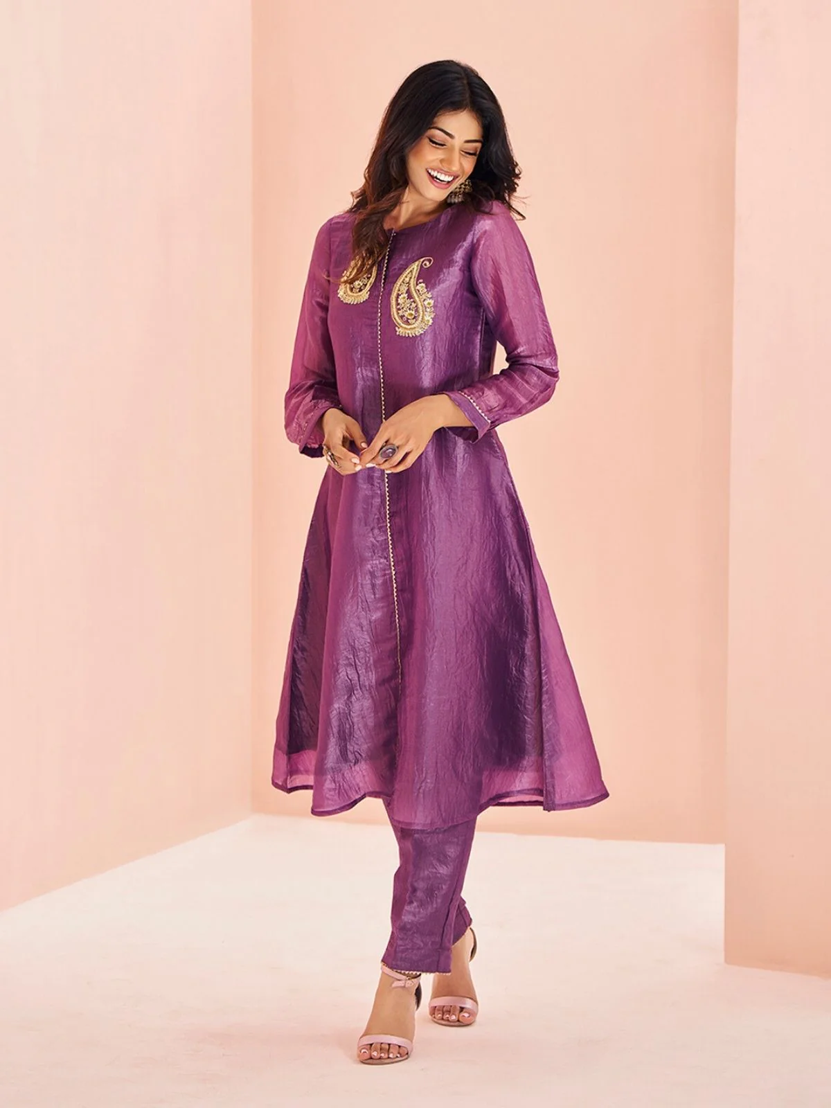 Odette Purple Organza Embroidered Stitched Kurta Set For Women - Image 3