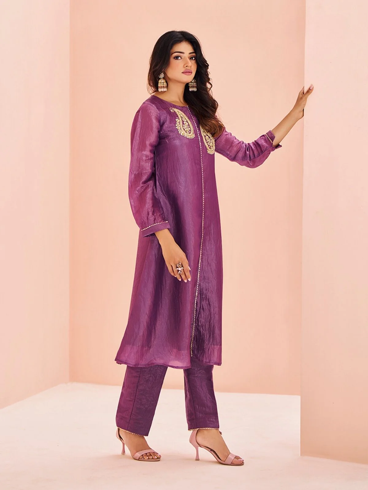 Odette Purple Organza Embroidered Stitched Kurta Set For Women - Image 4