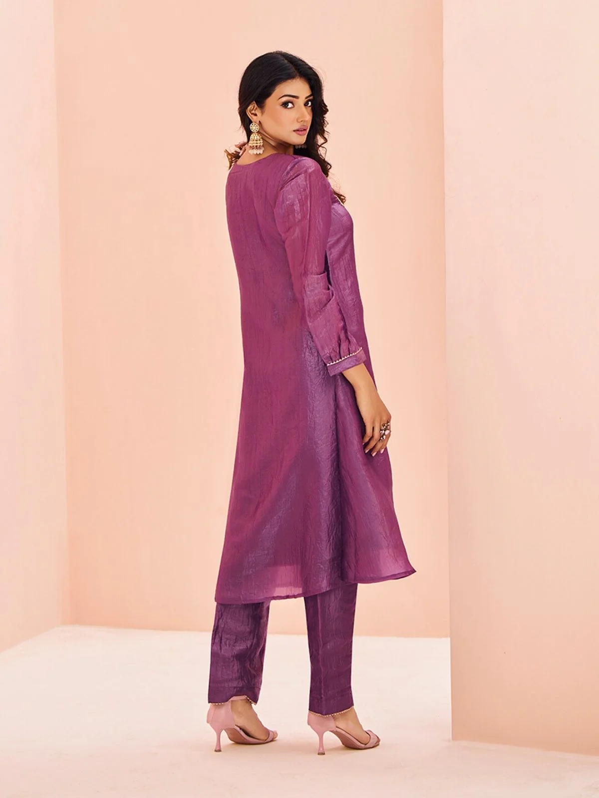 Odette Purple Organza Embroidered Stitched Kurta Set For Women - Image 5