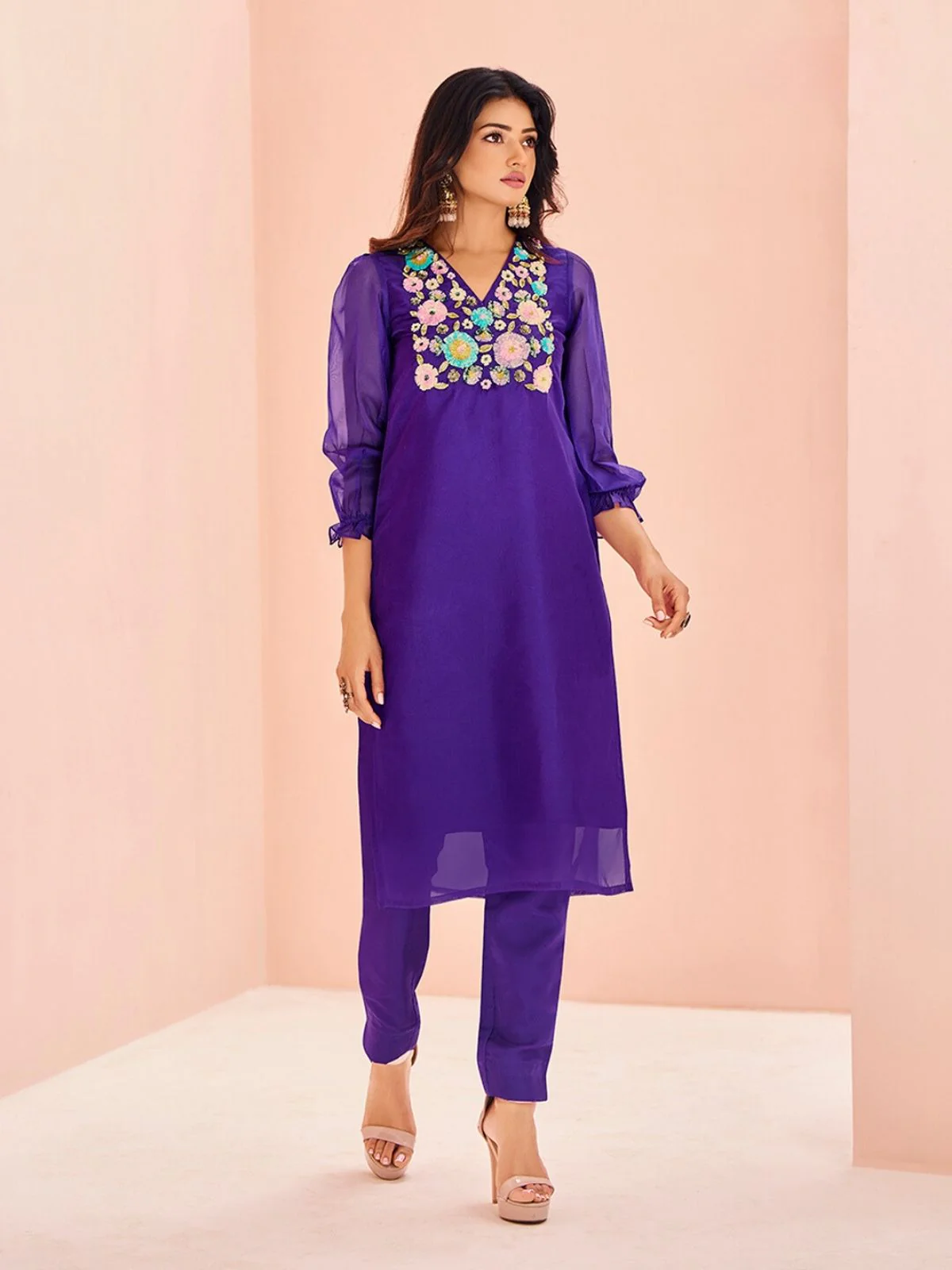 Odette Purple Organza Embroidered Stitched Kurta Set For Women - Image 2