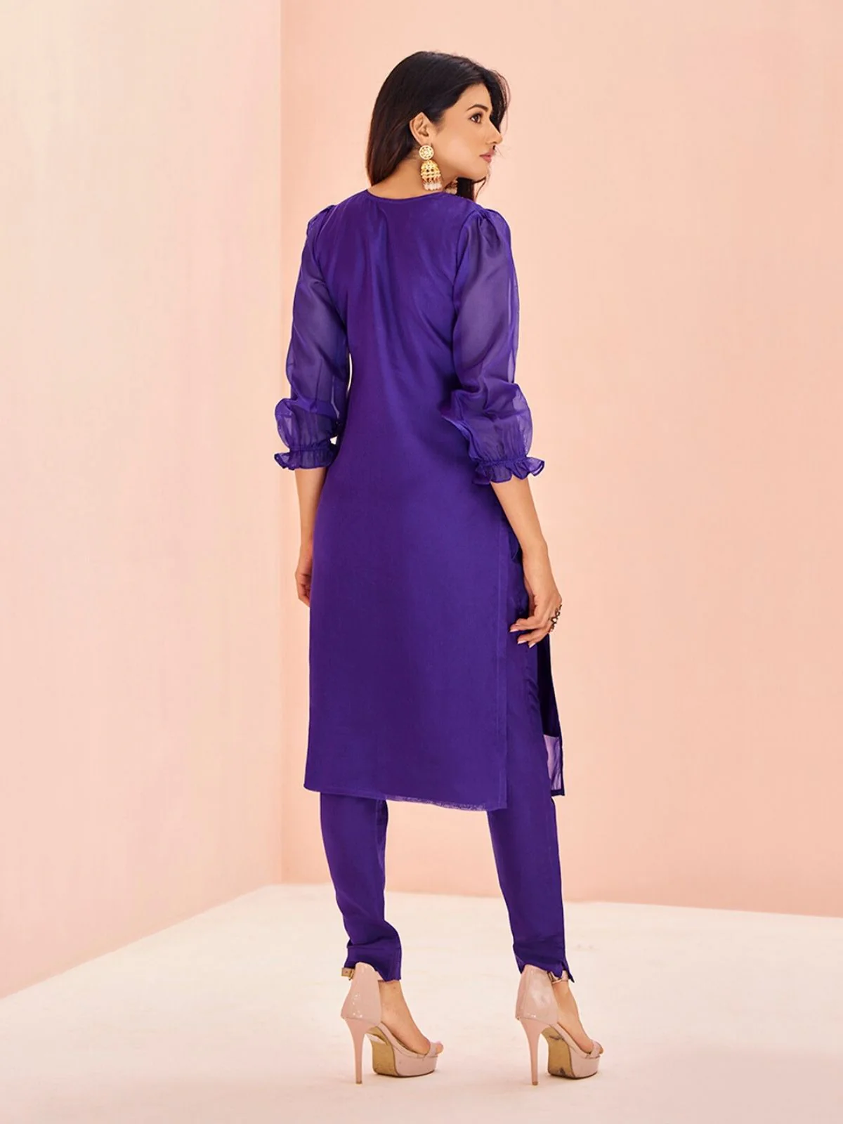 Odette Purple Organza Embroidered Stitched Kurta Set For Women - Image 4