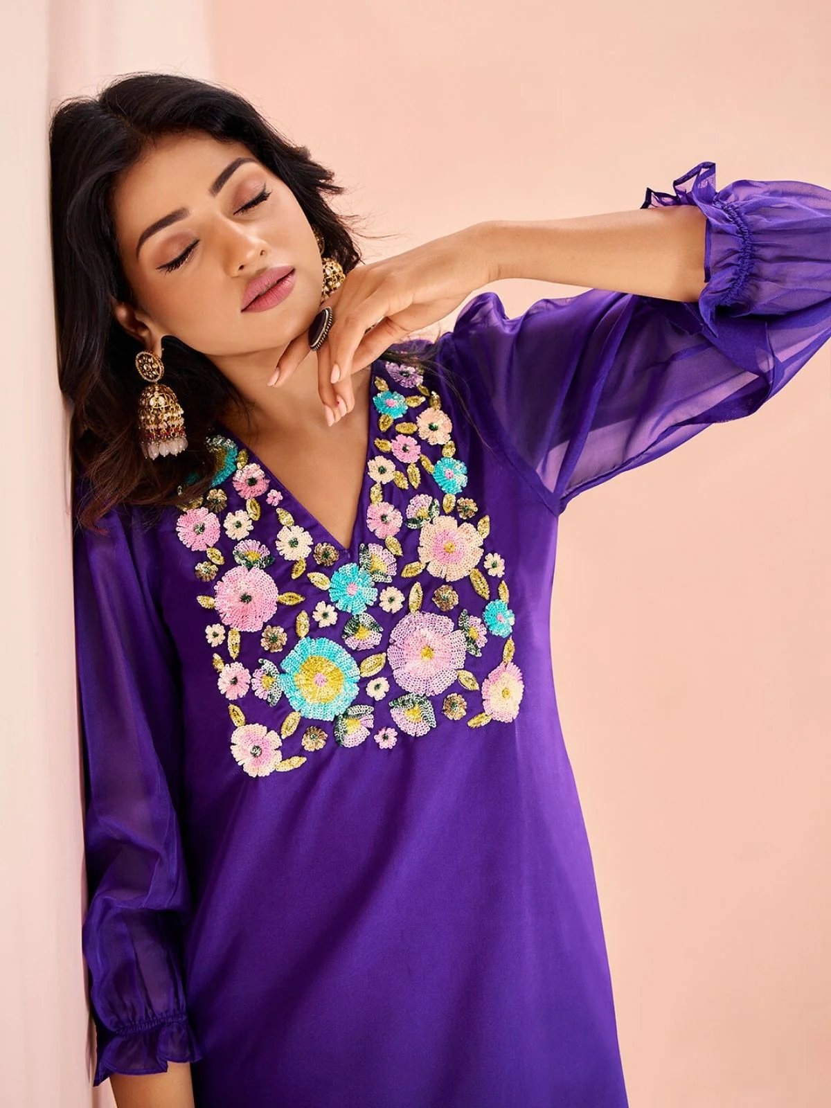 Odette Purple Organza Embroidered Stitched Kurta Set For Women - Image 5