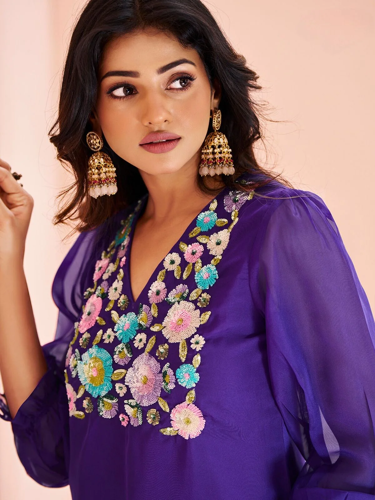 Odette Purple Organza Embroidered Stitched Kurta Set For Women - Image 6