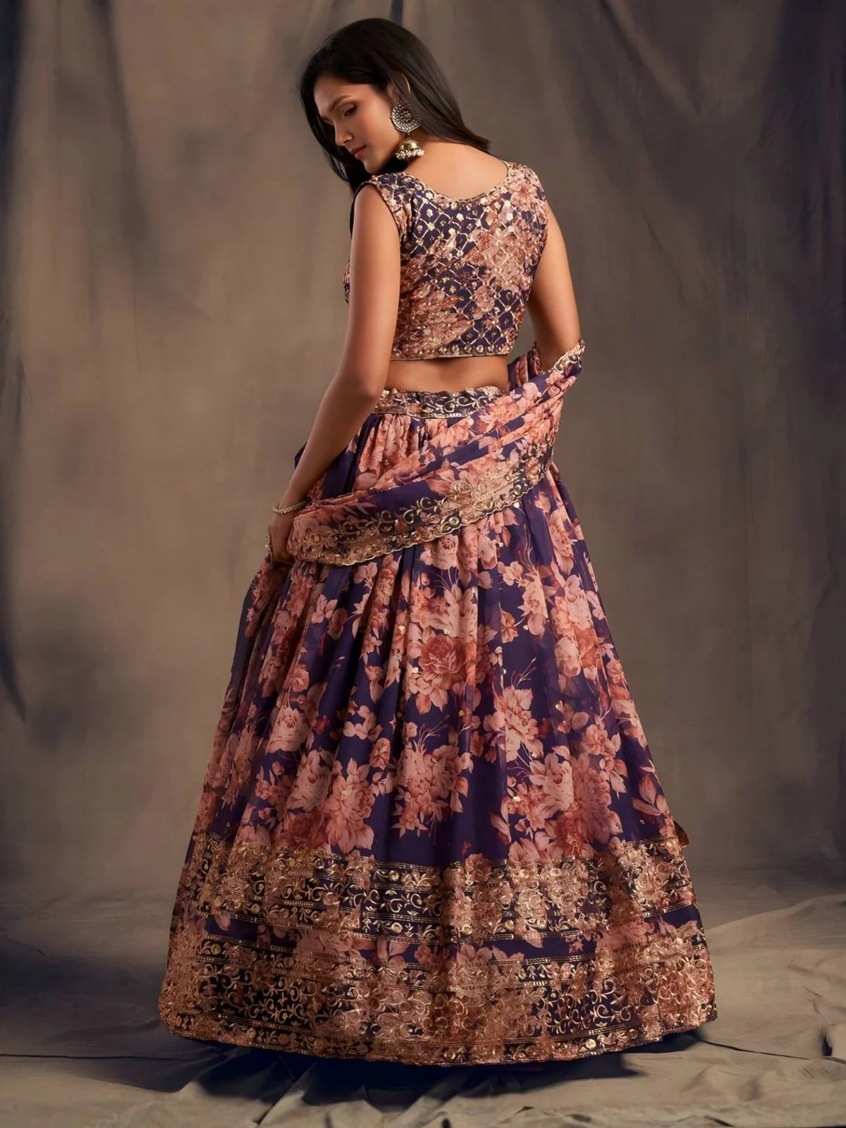 Odette Purple Organza Printed And Embriodered Semi-Stitched Lehenga For Women - Image 2