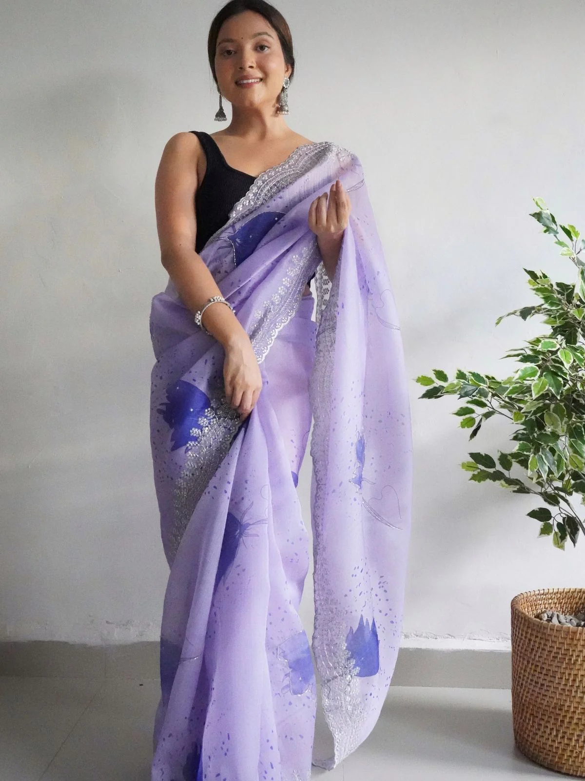 Odette Light Purple Organza Printed Saree With Unstitched Blouse For Women