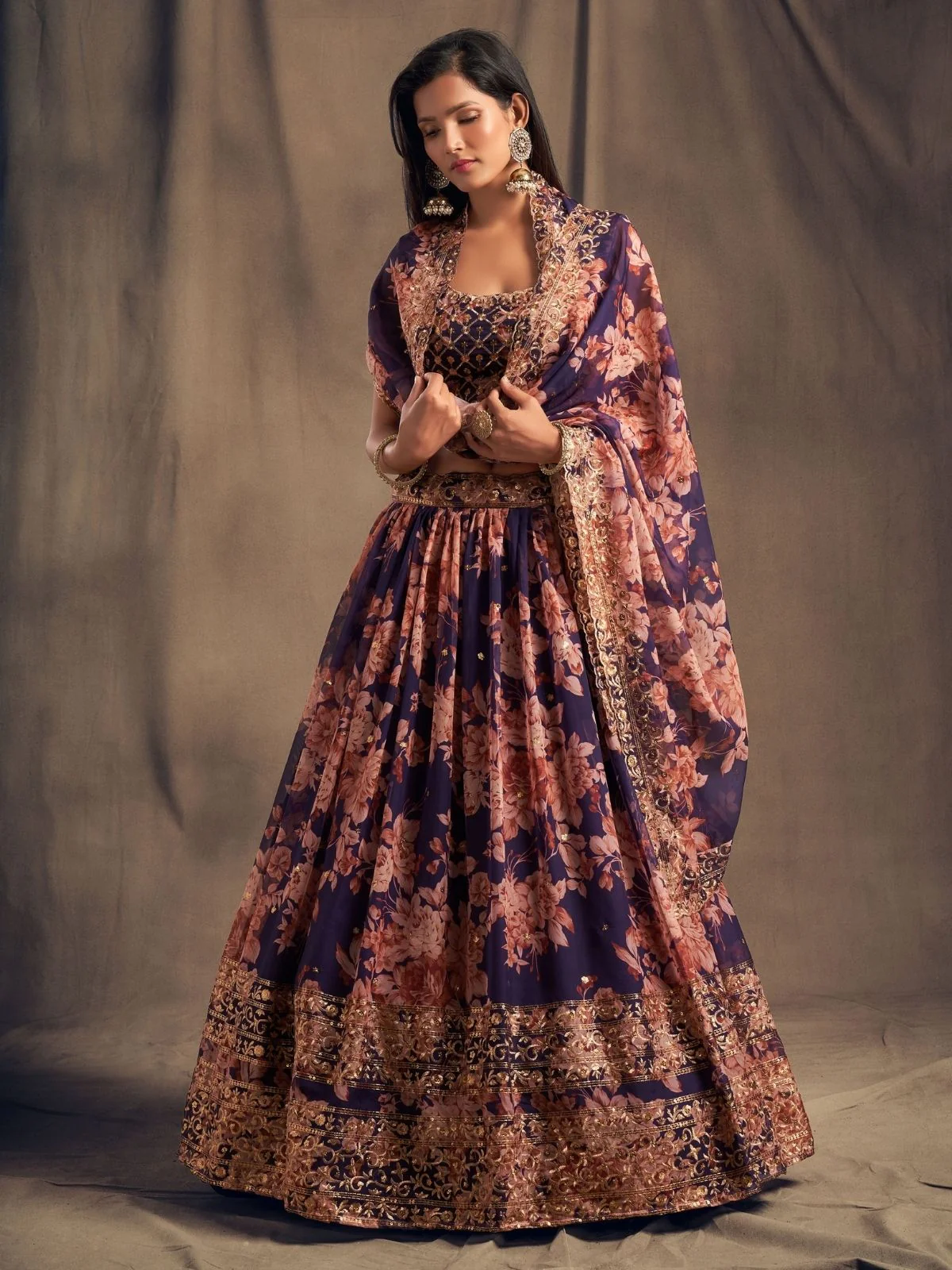 Odette Purple Organza Printed Semi Stitched Lehenga With Unstitched Blouse For Women - Image 2