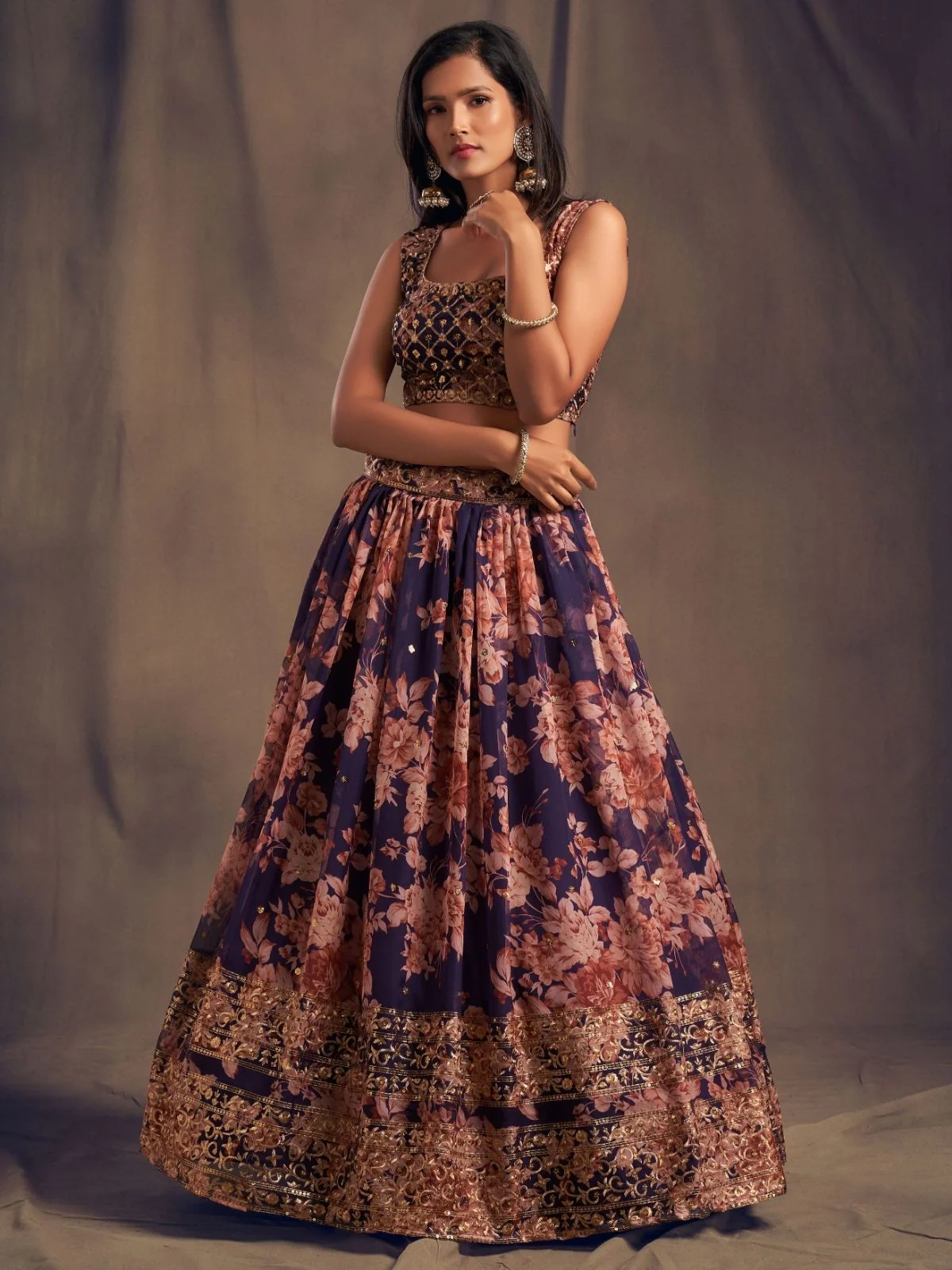 Odette Purple Organza Printed Semi Stitched Lehenga With Unstitched Blouse For Women - Image 3