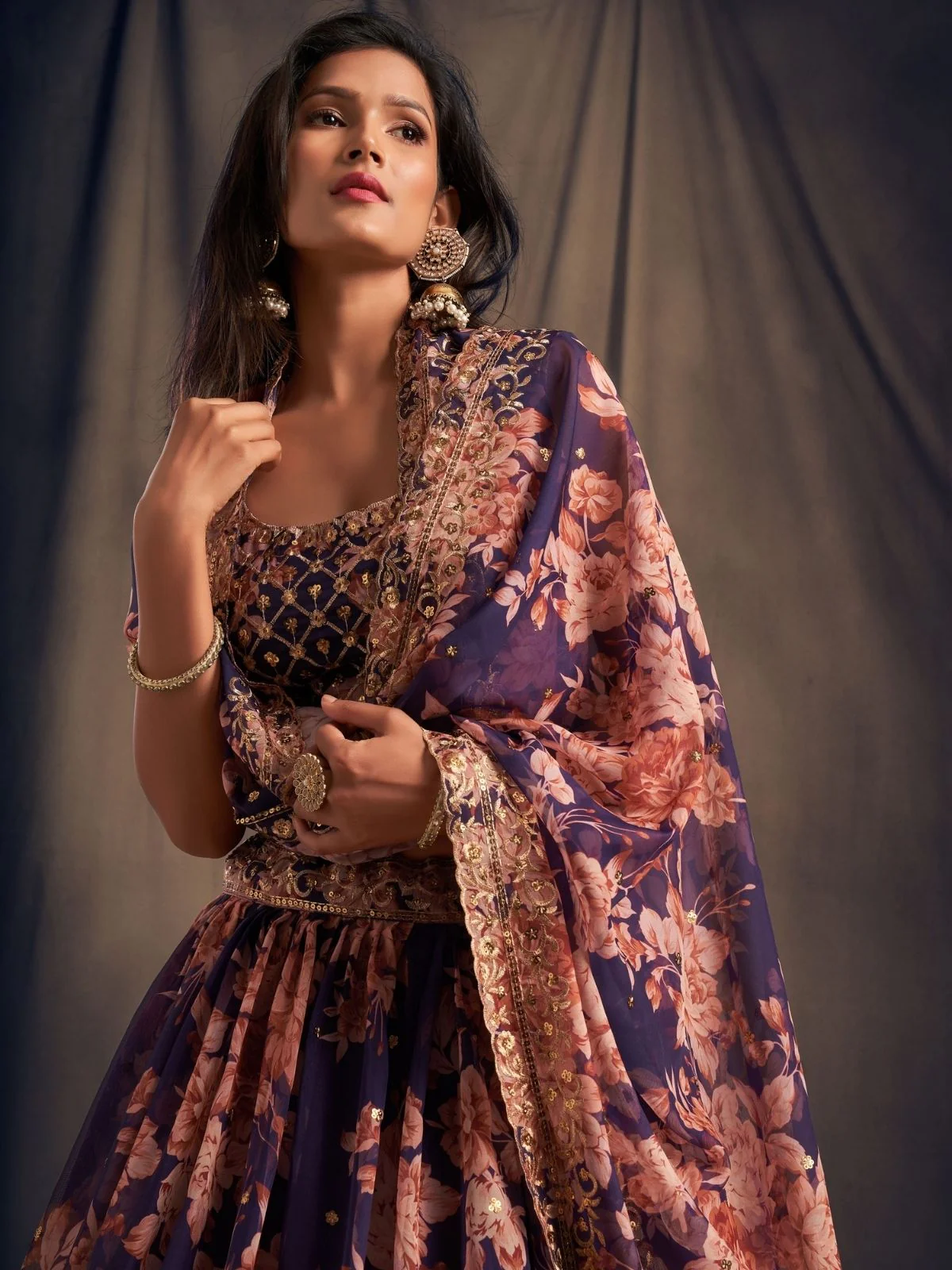 Odette Purple Organza Printed Semi Stitched Lehenga With Unstitched Blouse For Women - Image 5
