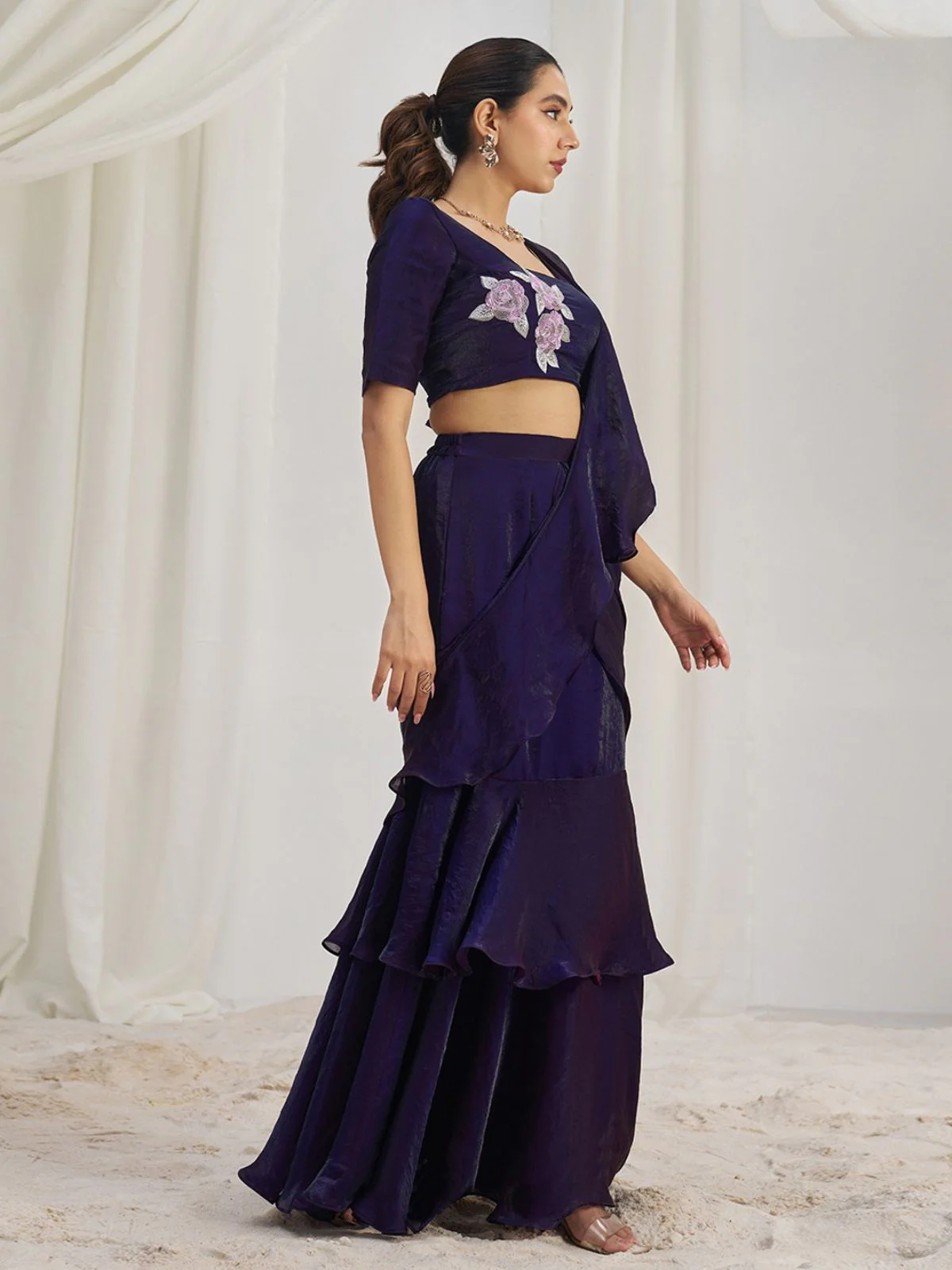 Odette Purple Organza Solid Ready To Wear Saree With Stitched Blouse For Women - Image 4
