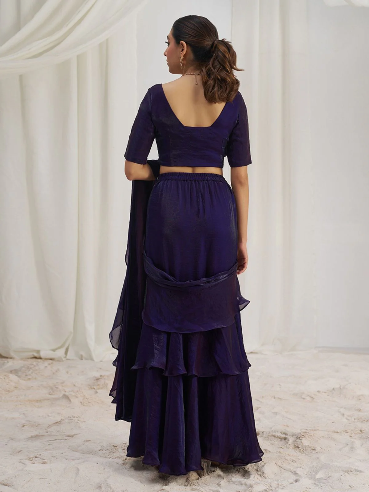 Odette Purple Organza Solid Ready To Wear Saree With Stitched Blouse For Women - Image 5