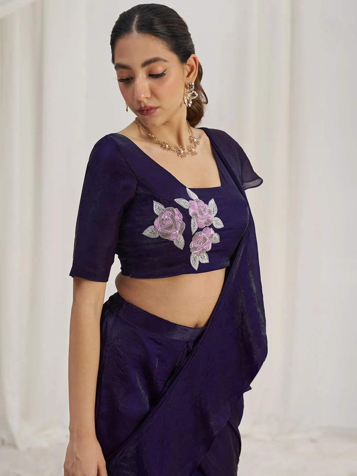 Odette Purple Organza Solid Ready To Wear Saree With Stitched Blouse For Women - Image 6