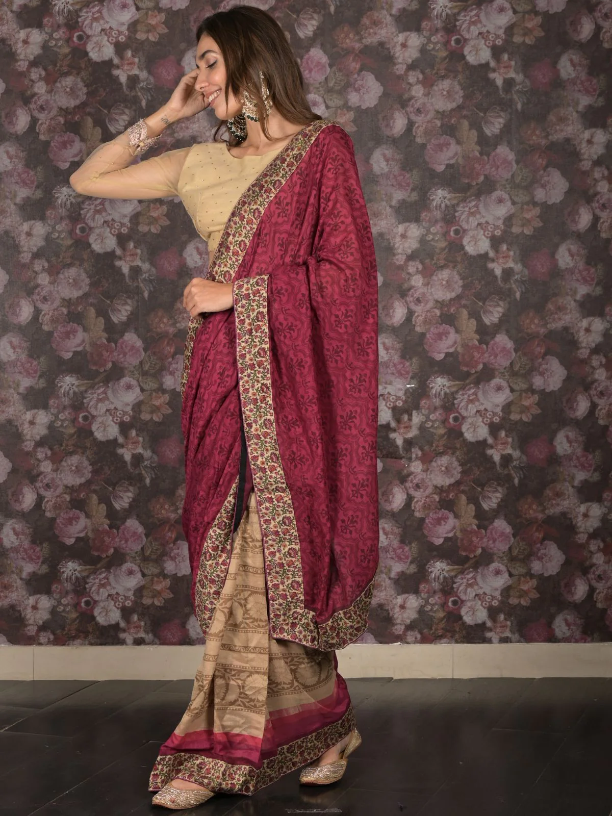 Odette Purple Printed Chiffon Saree Without Blouse for Women - Image 2