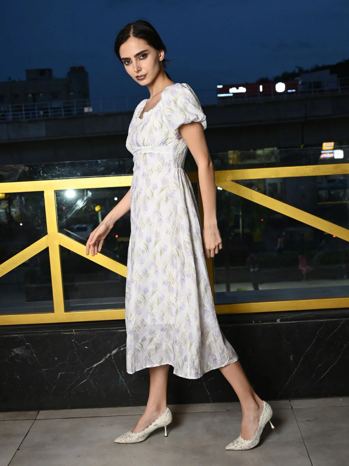 Odette Purple Printed Cotton Dress for Women - Image 2