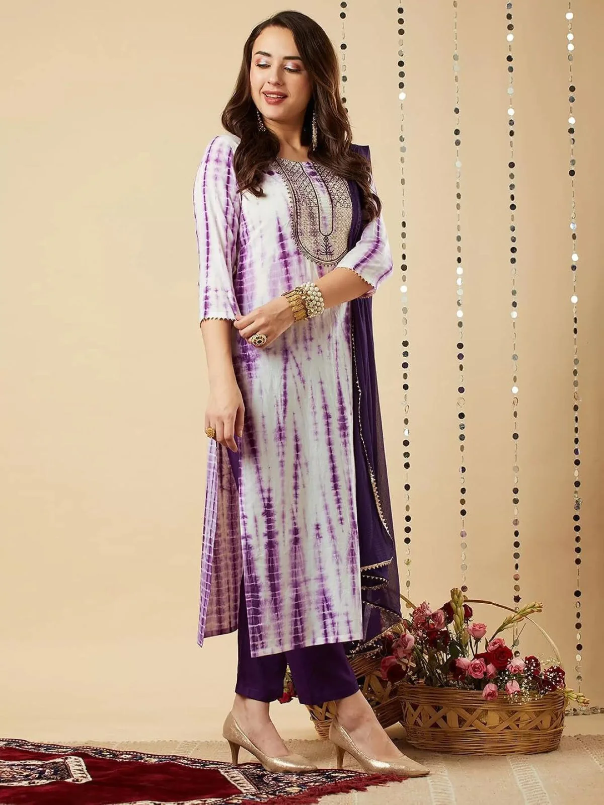 Odette Purple Printed Viscose Stitched Kurta Set For Women - Image 4